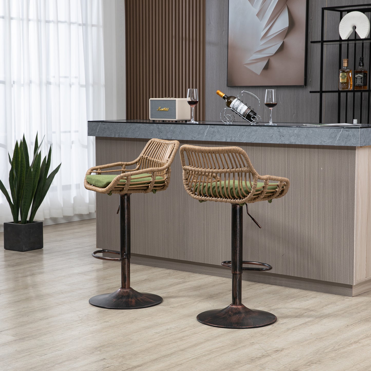 Natural rattan bar stool with adjustable height and green cushion for kitchen island