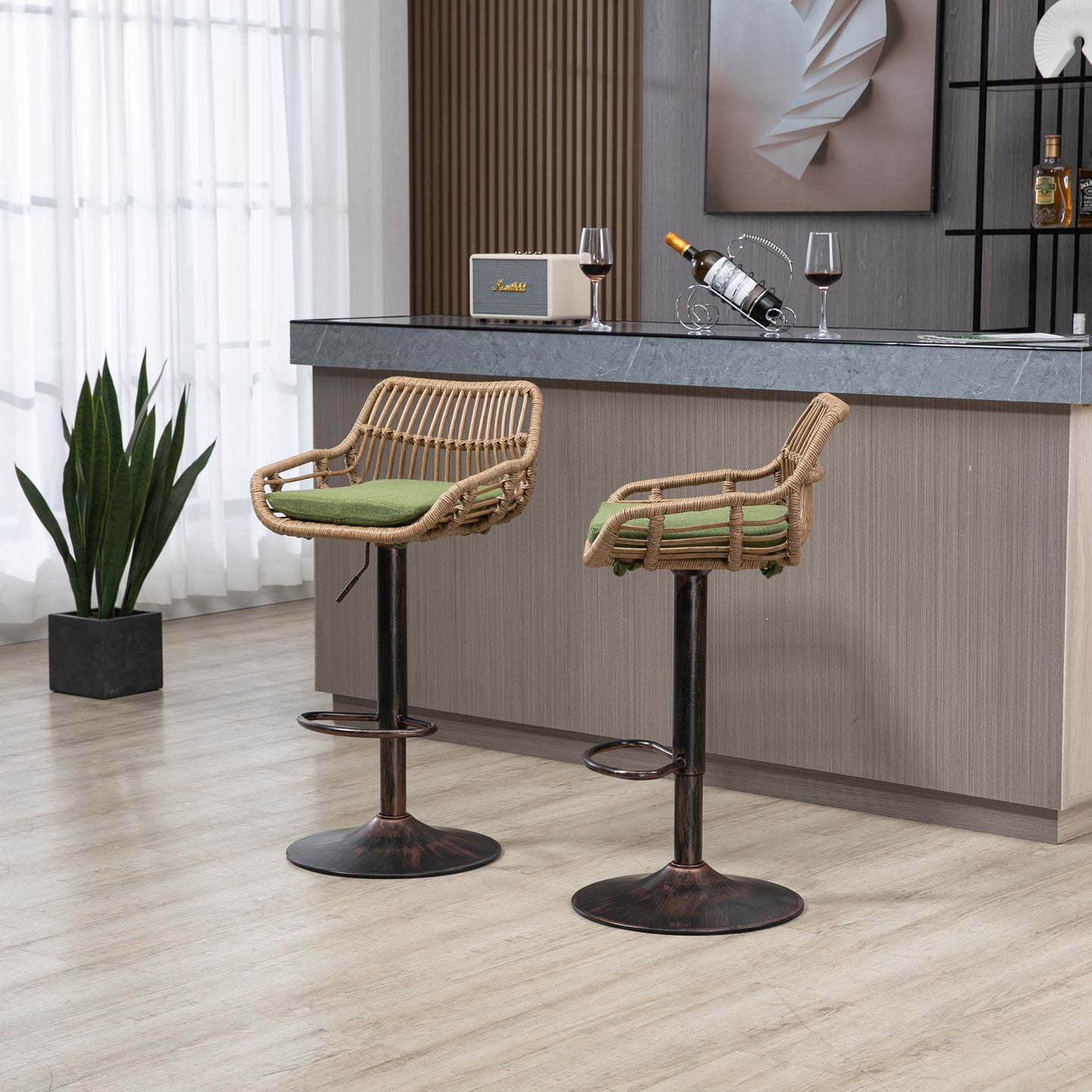 Adjustable rattan bar stool with green cushion and antique bronze base