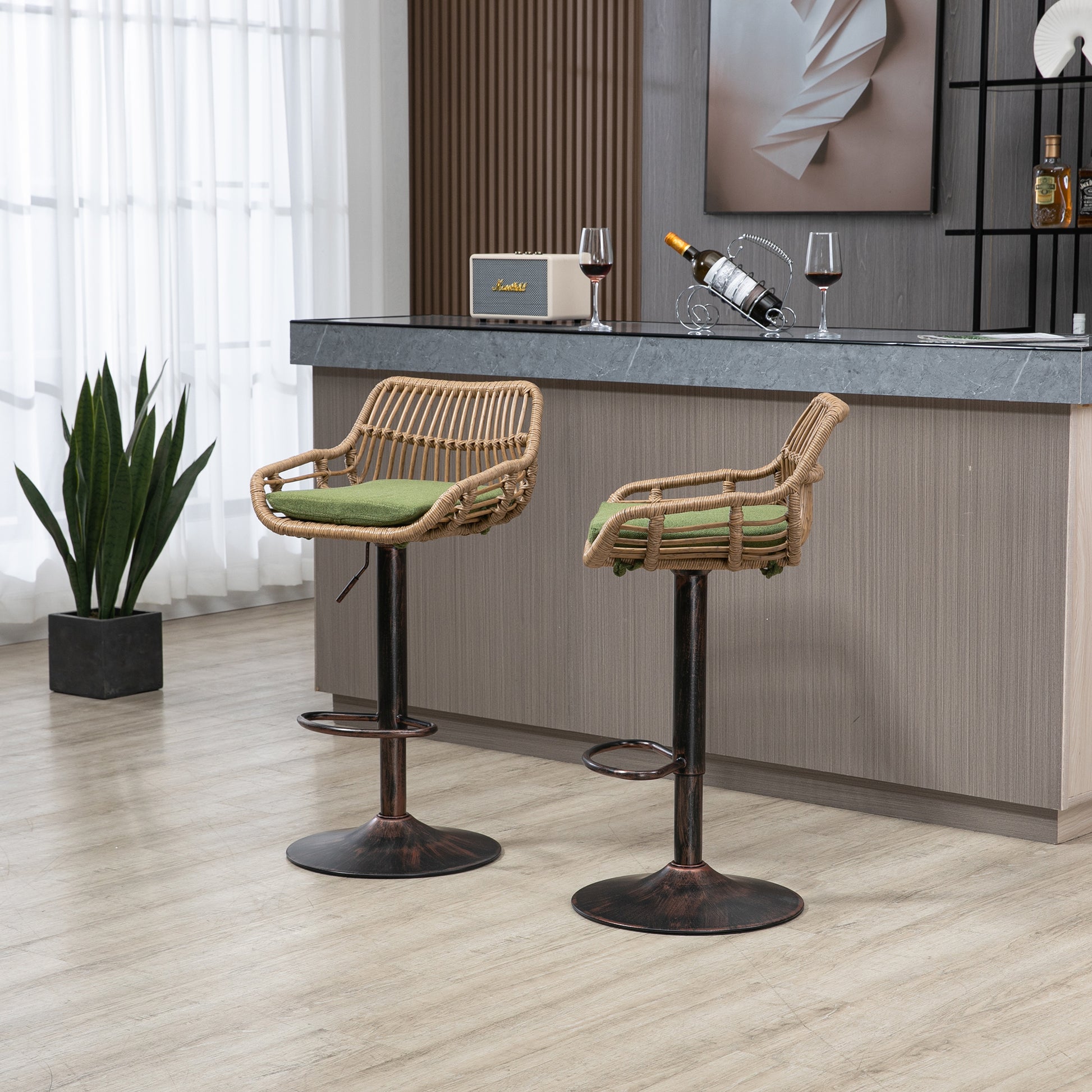 Adjustable rattan bar stool with green cushion and antique bronze base