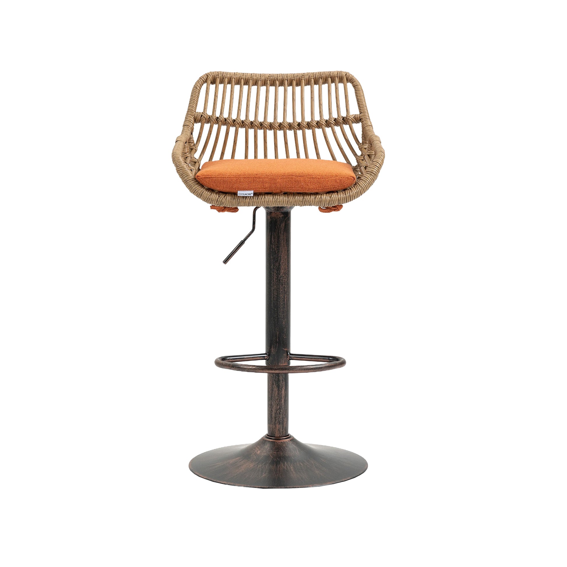 Woven rattan bar stool with a bright orange cushioned seat and adjustable bronze base