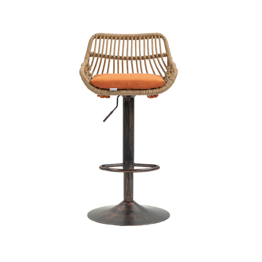 Woven rattan bar stool with a bright orange cushioned seat and adjustable bronze base