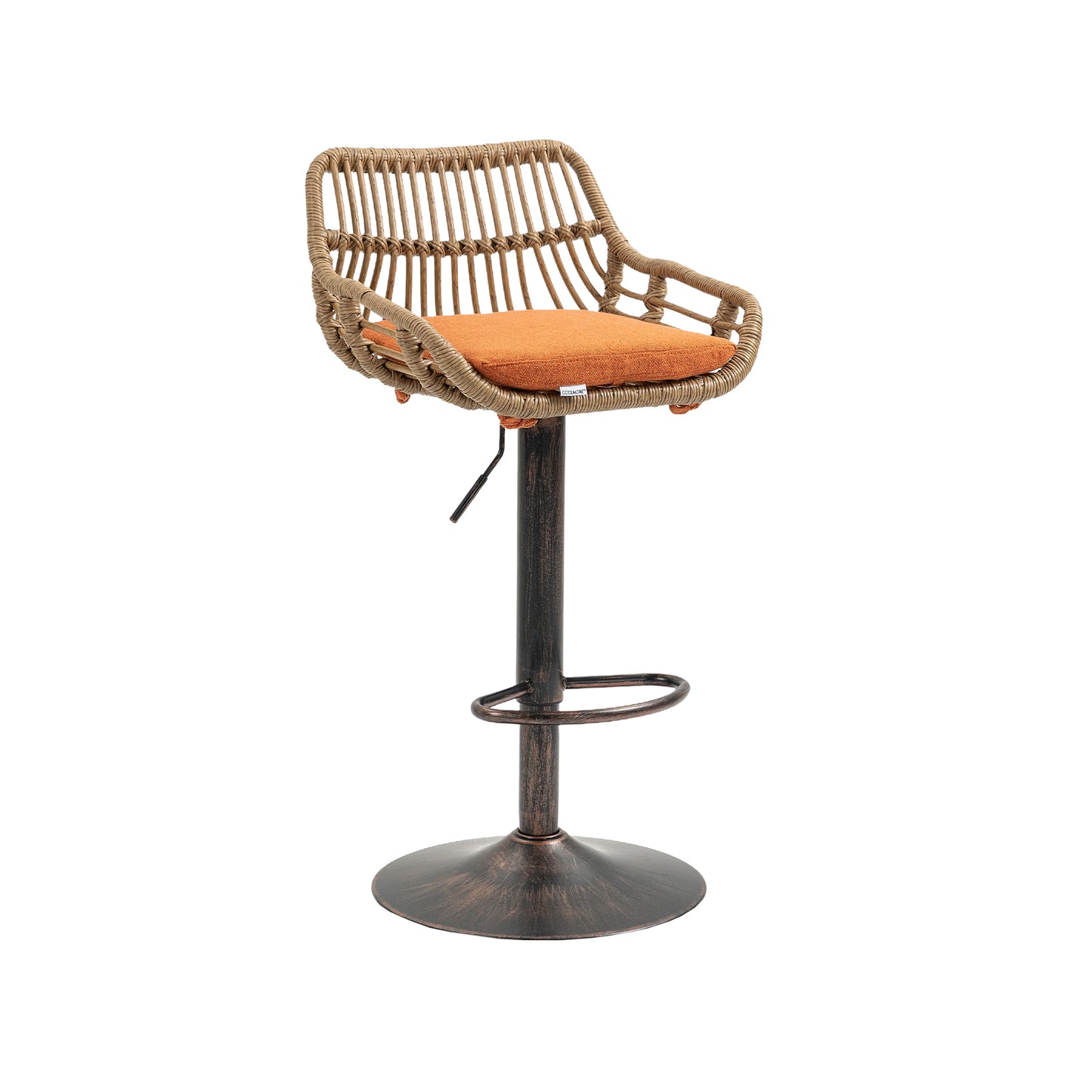 Woven rattan bar stool with adjustable height and orange cushion
