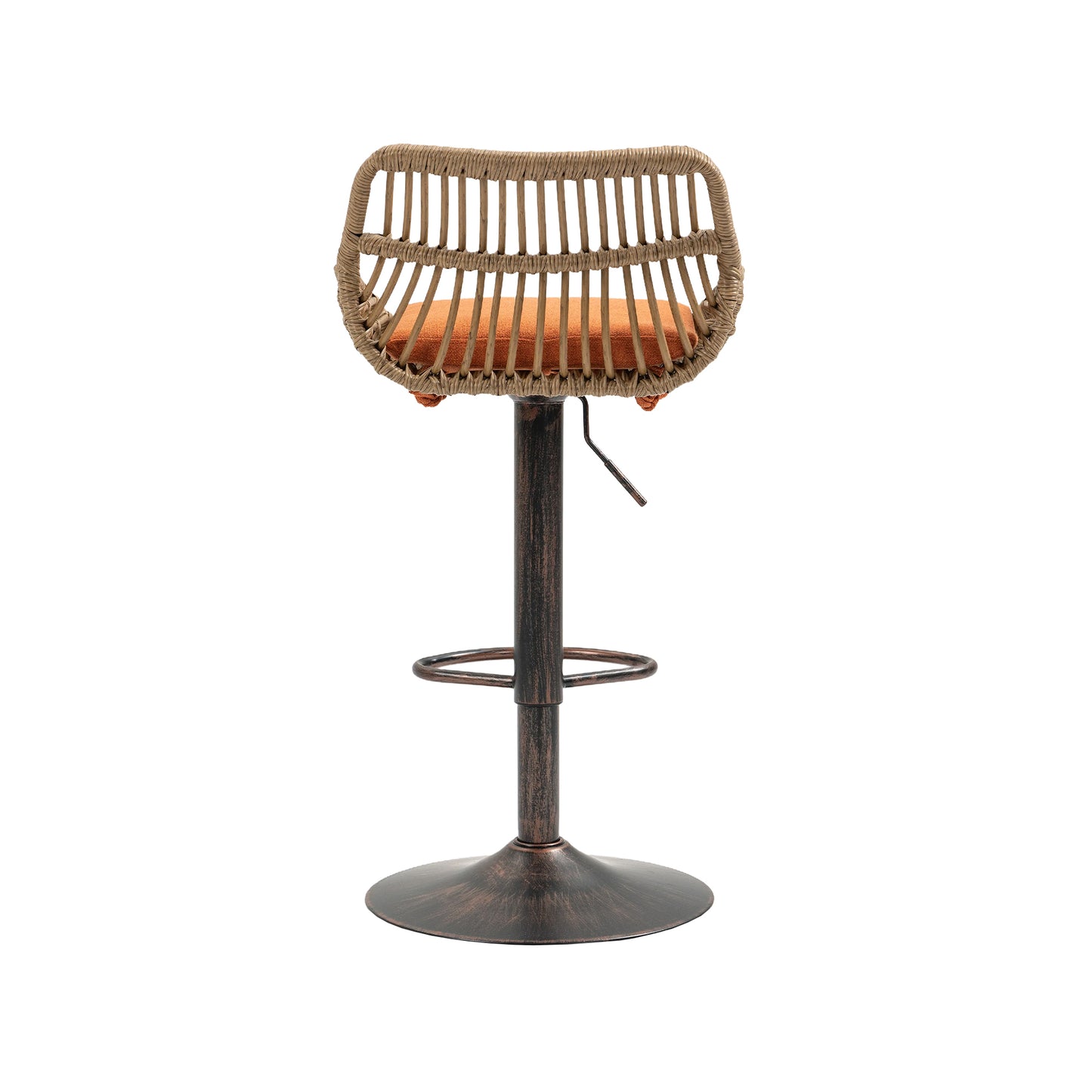 Rattan bar stool with orange cushion and bronze base adjustable height