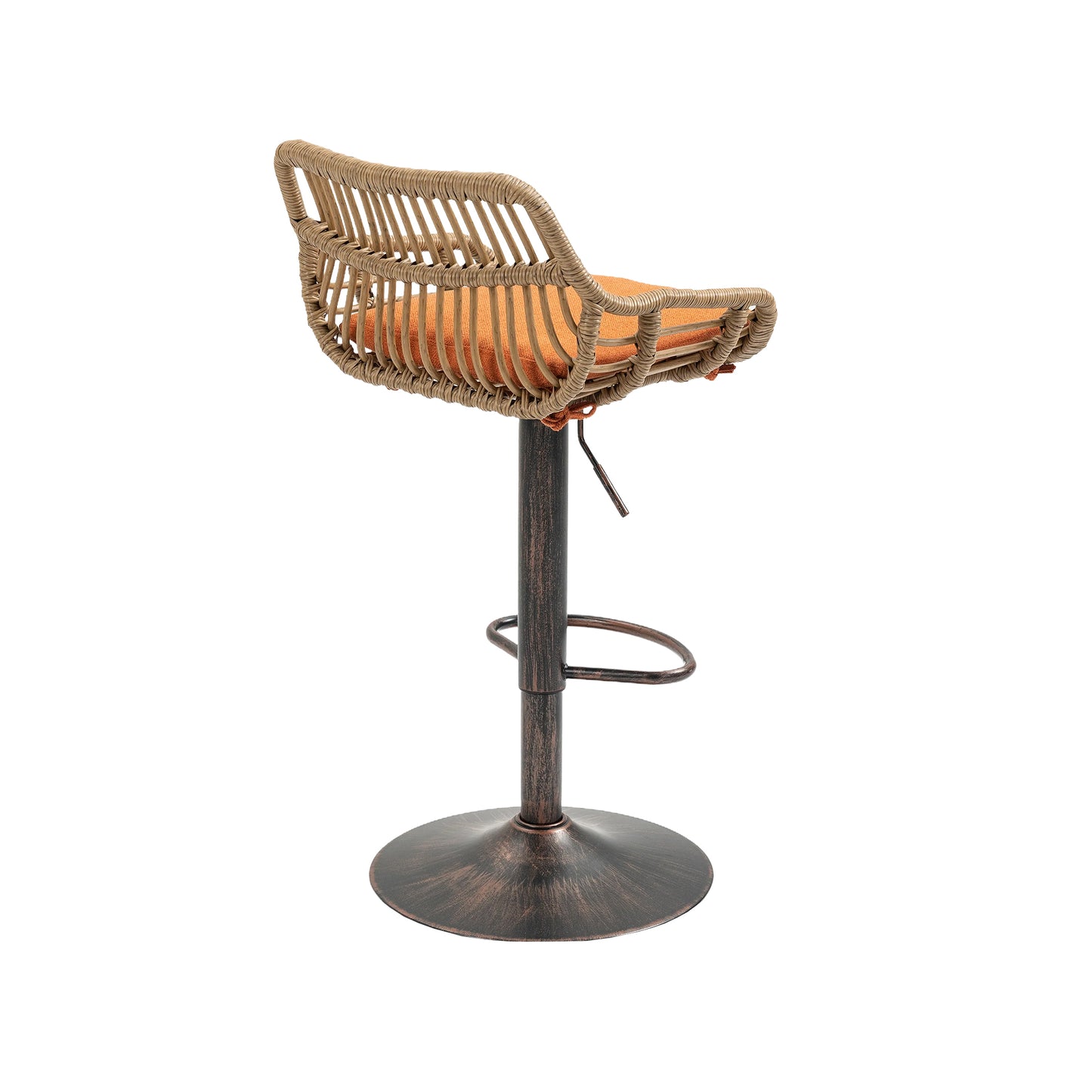 Woven rattan bar stool with orange seat cushion and adjustable bronze base