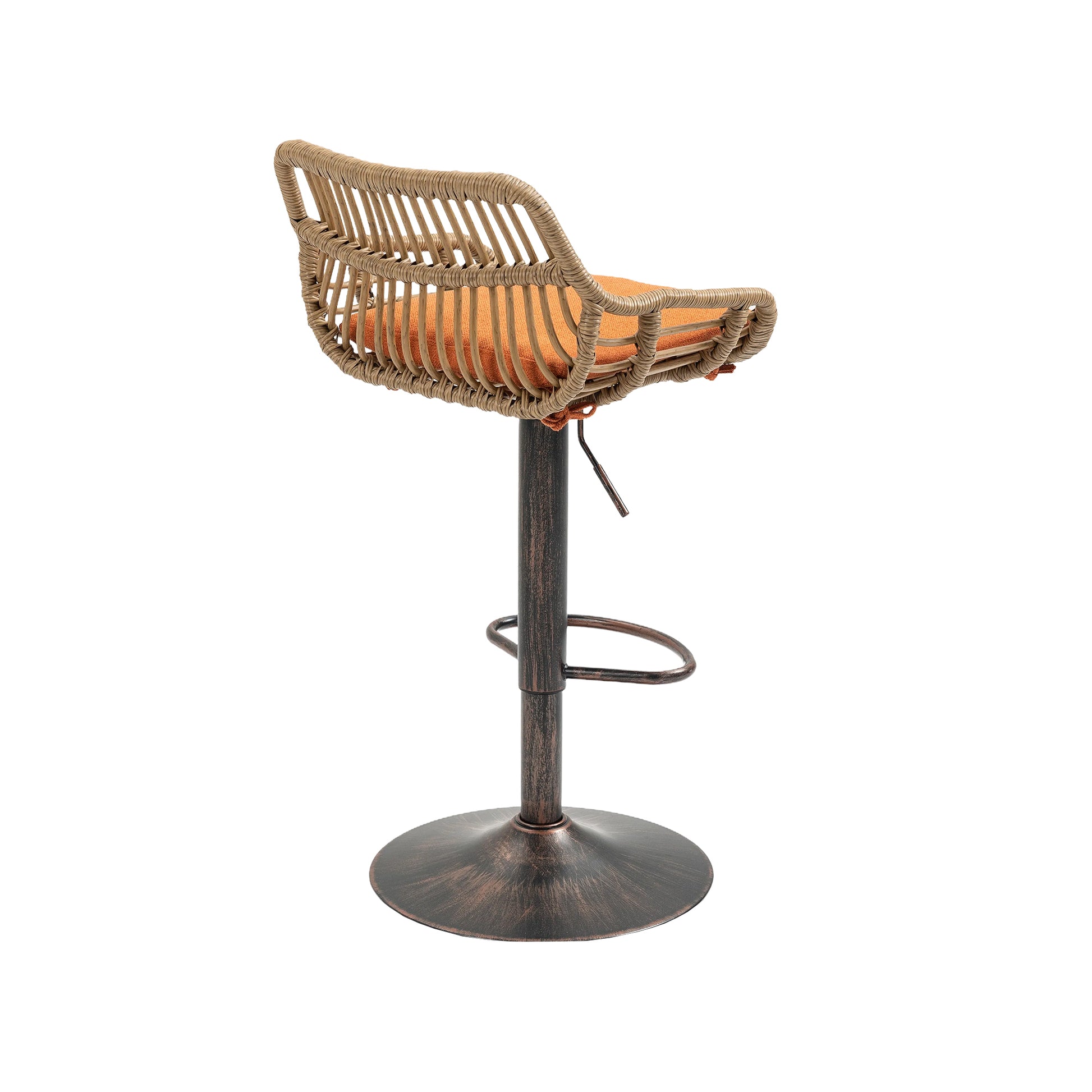 Woven rattan bar stool with orange seat cushion and adjustable bronze base