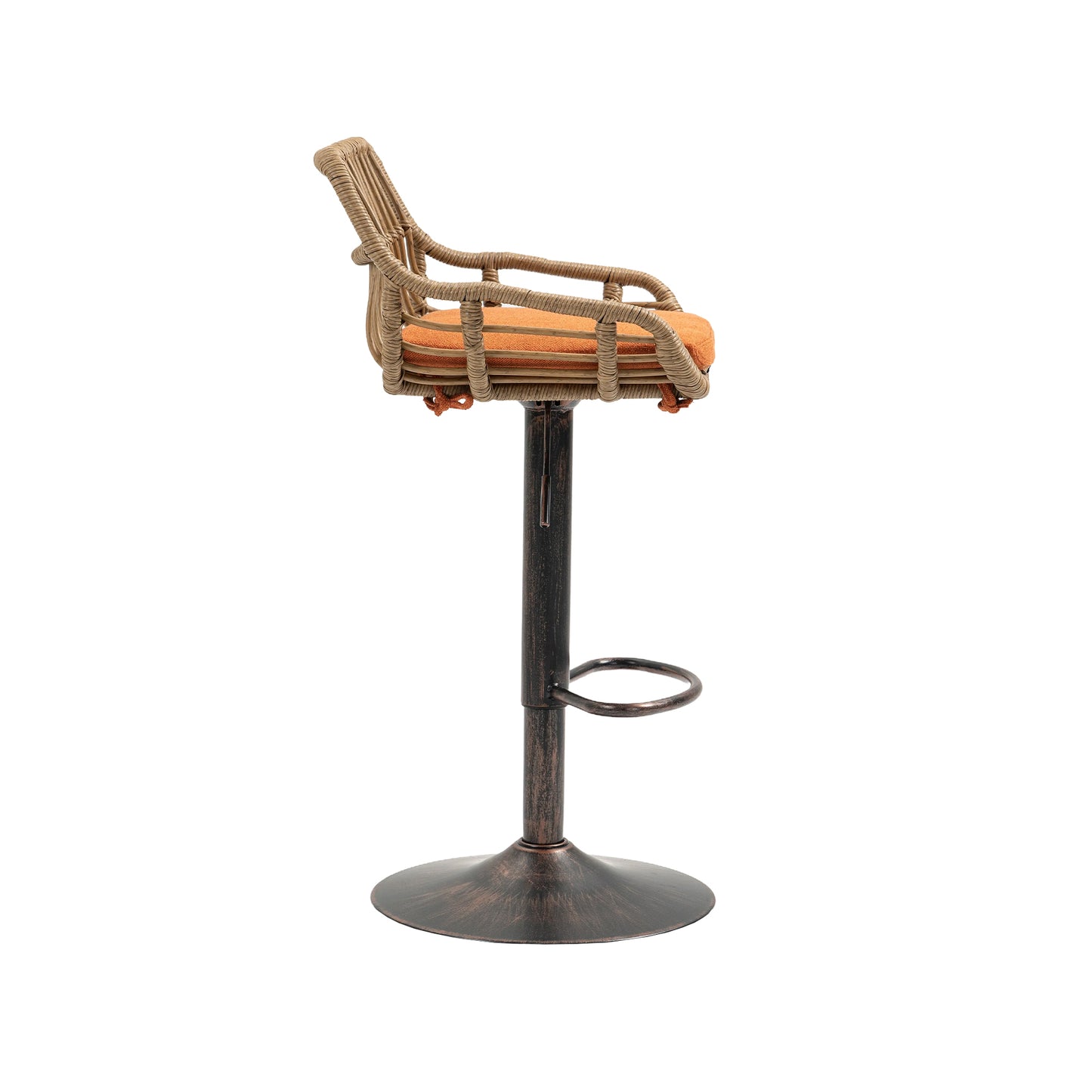 Woven rattan bar stool with orange seat cushion and adjustable height metal base