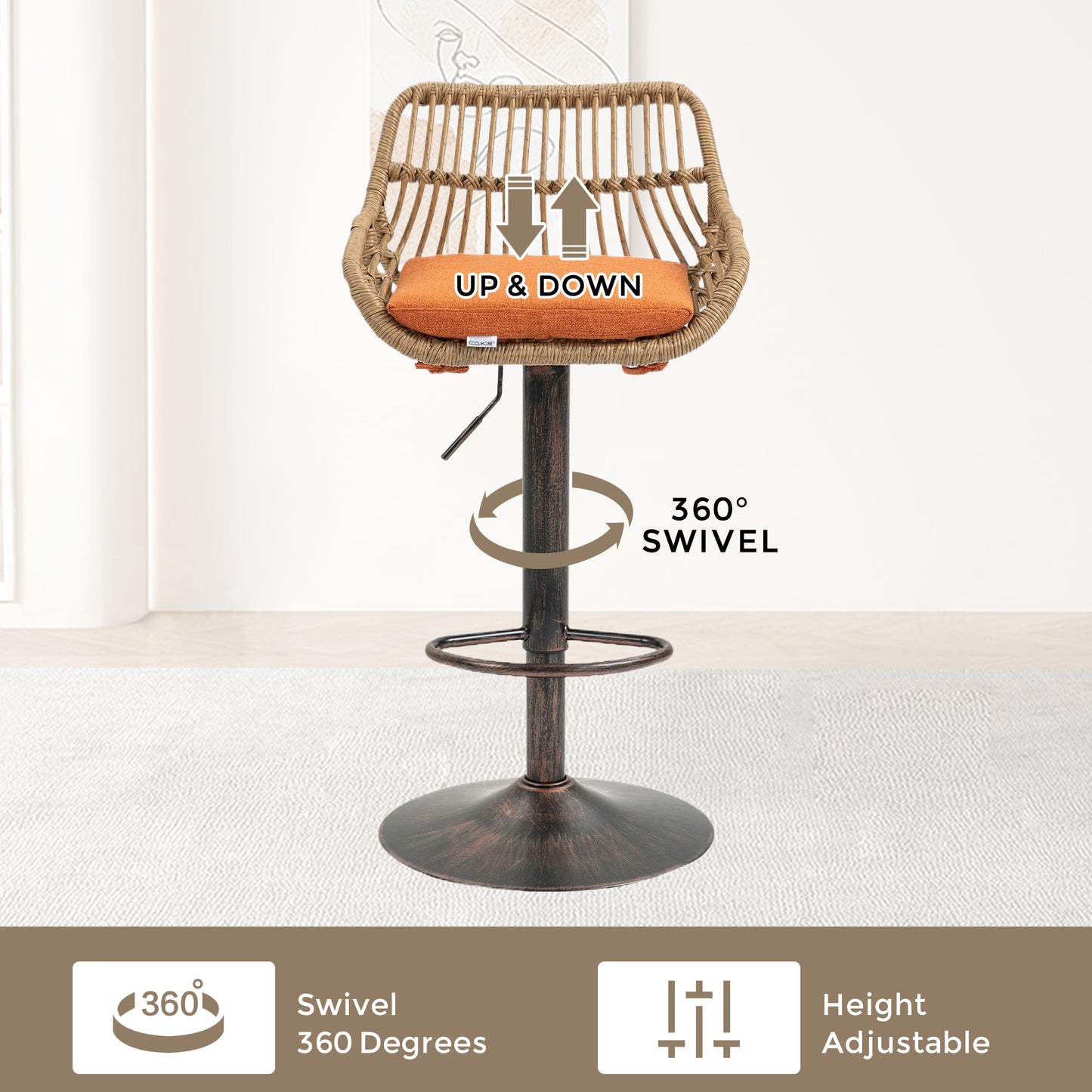 Wicker bar stool with orange cushion featuring  degree swivel and adjustable height