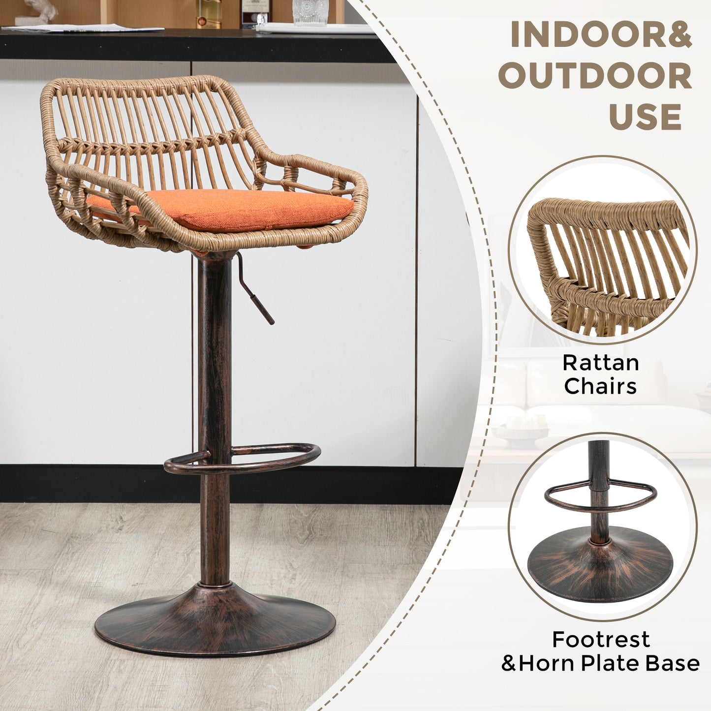Woven rattan bar stool with orange cushion and bronze adjustable base