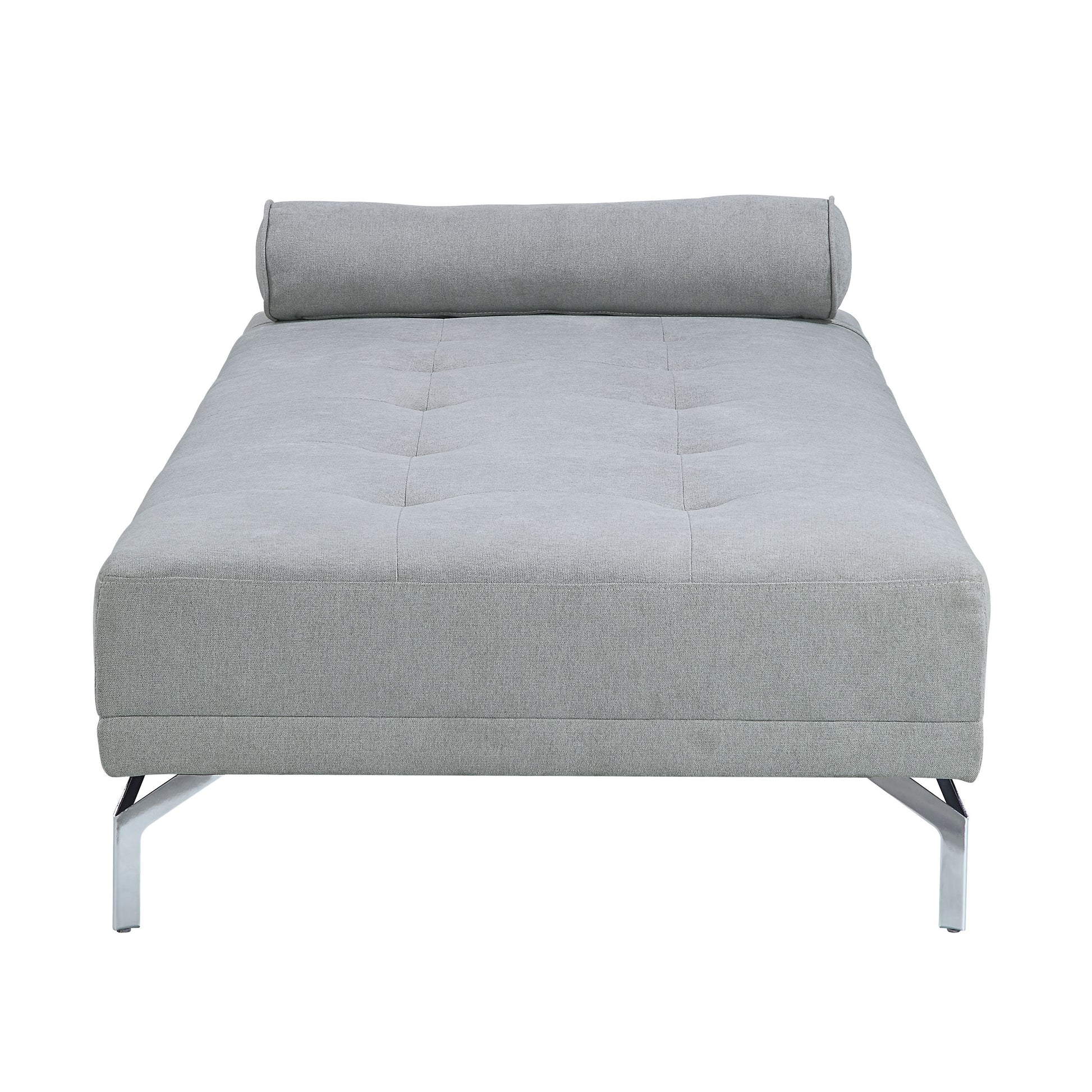 Gray upholstered daybed with tufted seat and cylindrical pillow on chrome legs