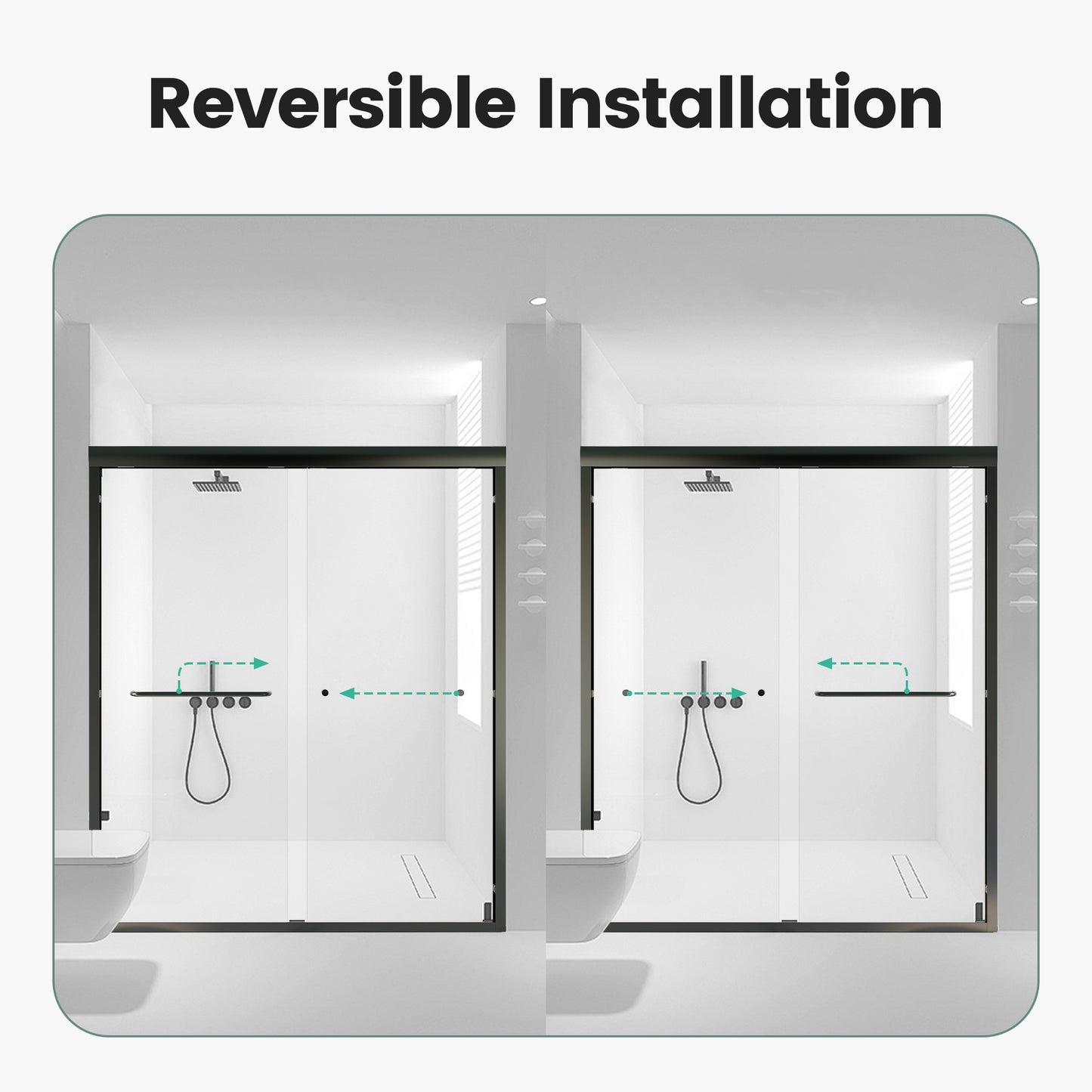Modern black framed sliding shower door with reversible installation featuring clear glass panels