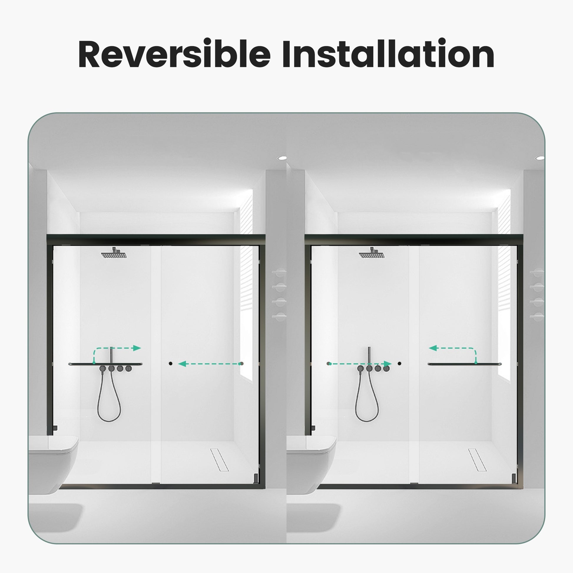 Modern black framed sliding shower door with reversible installation featuring clear glass panels