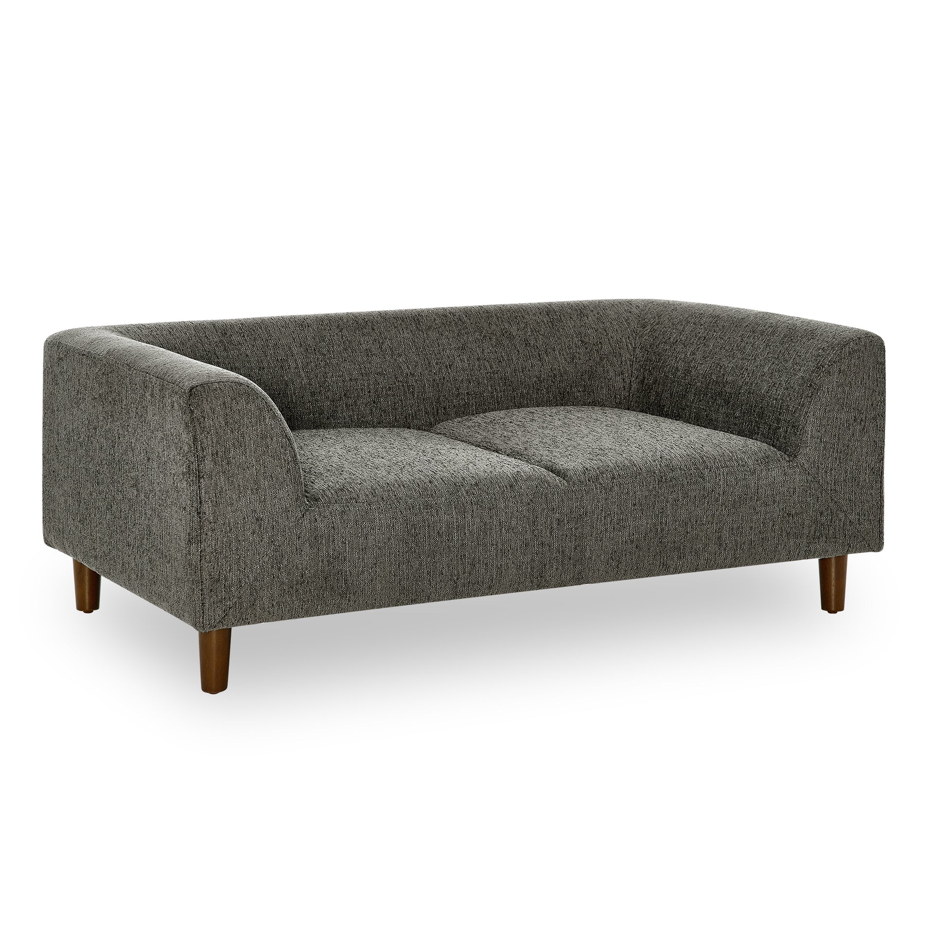 Textured charcoal grey fabric sofa with tapered wooden legs