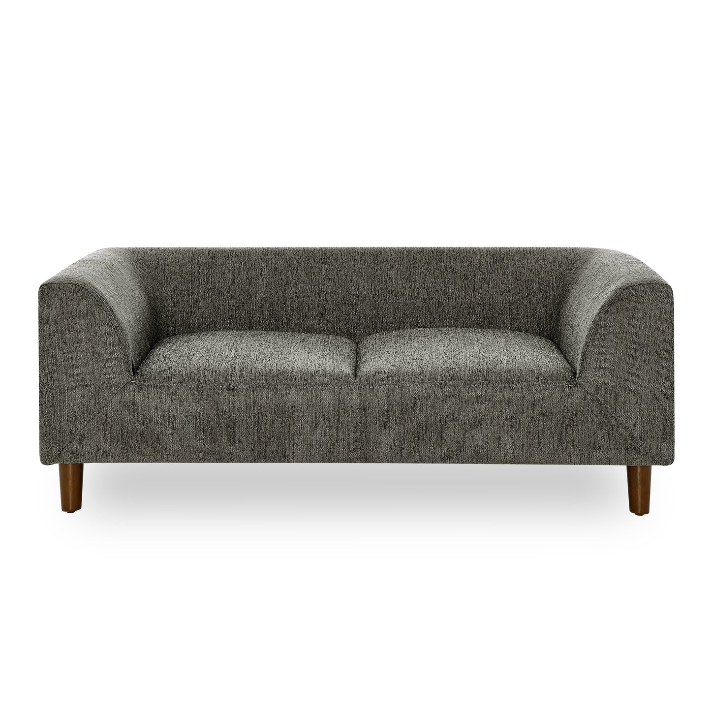 Modern grey fabric twoseater sofa with rounded arms and wooden legs