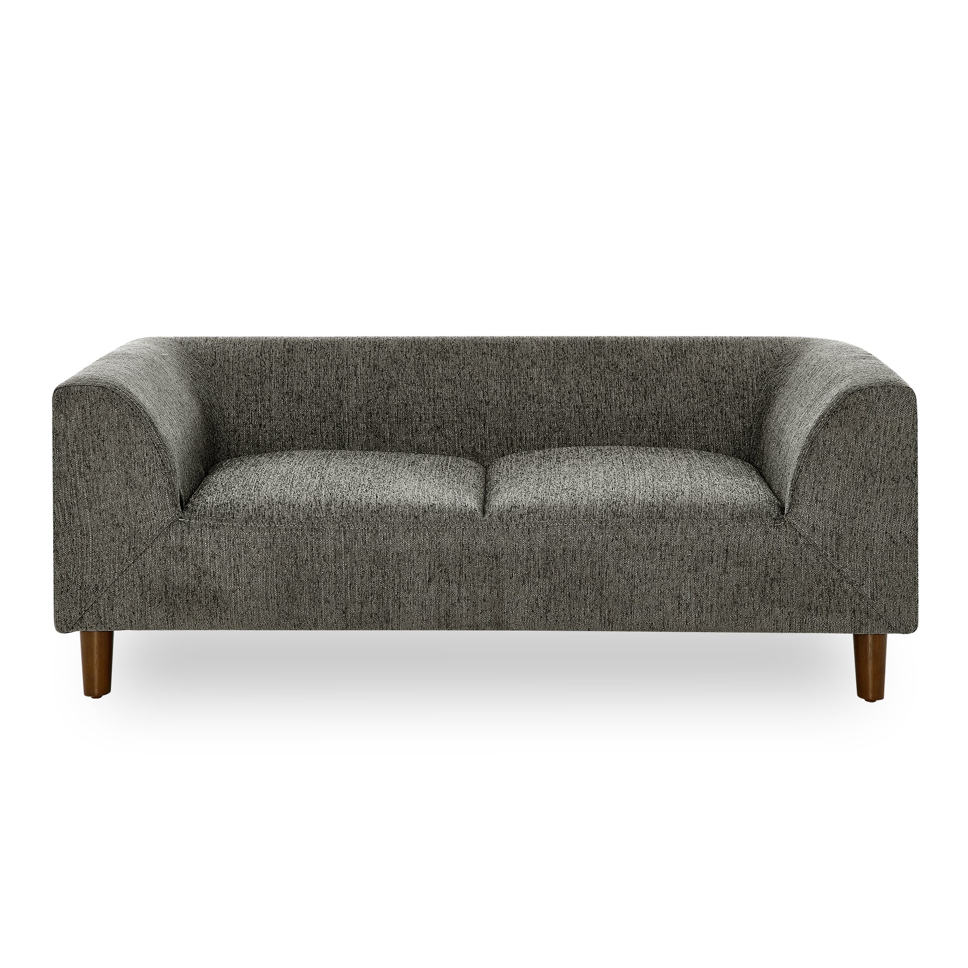 Modern grey fabric twoseater sofa with rounded arms and wooden legs
