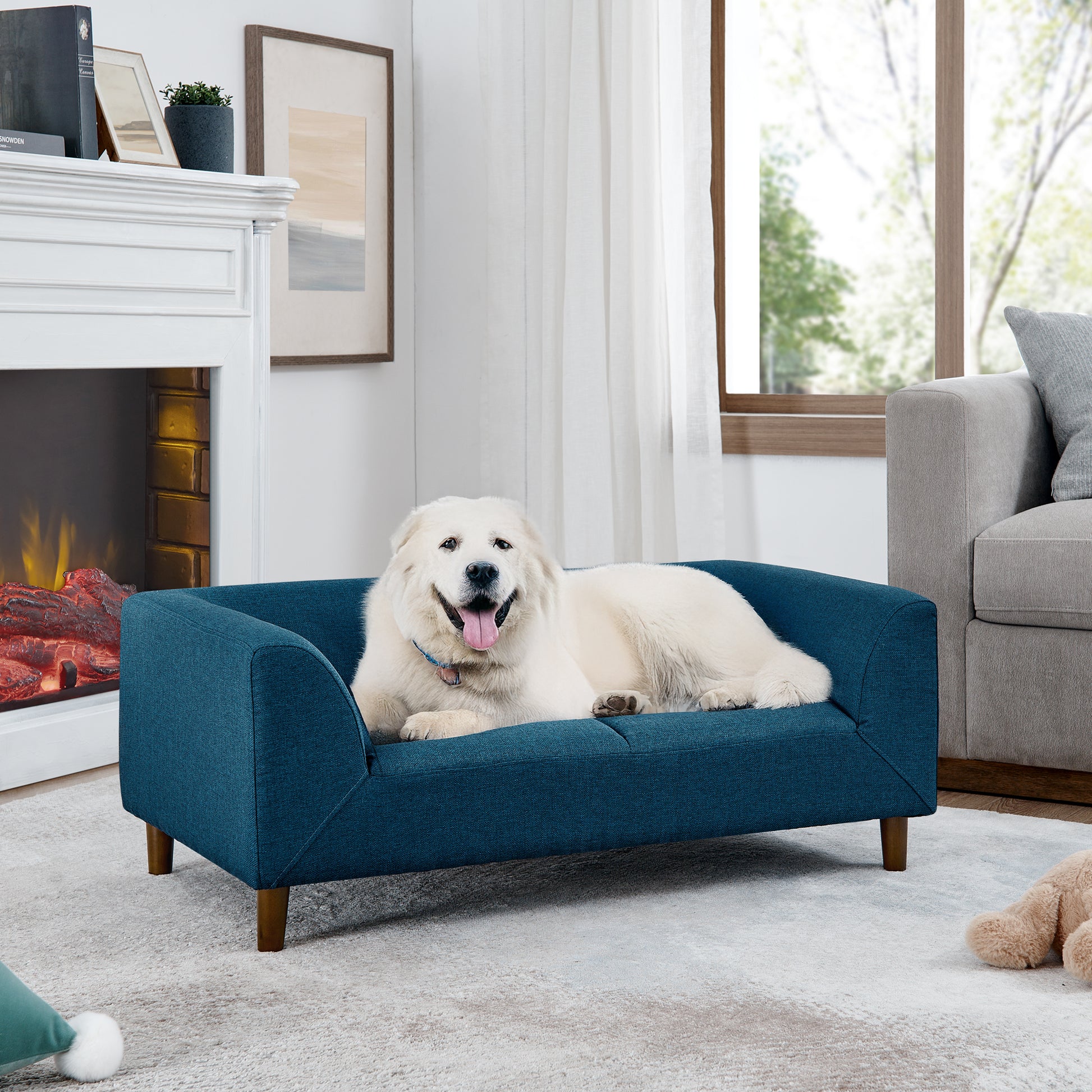 Deep teal upholstered dog sofa with wooden legs and a white fluffy dog resting on it