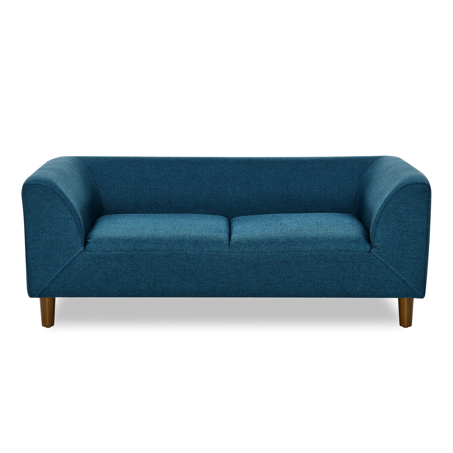 Modern teal blue fabric sofa with tapered wooden legs perfect for living rooms
