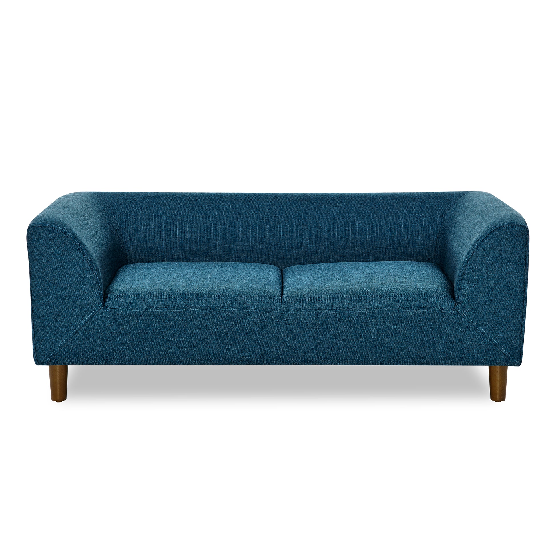 Modern teal blue fabric sofa with tapered wooden legs perfect for living rooms