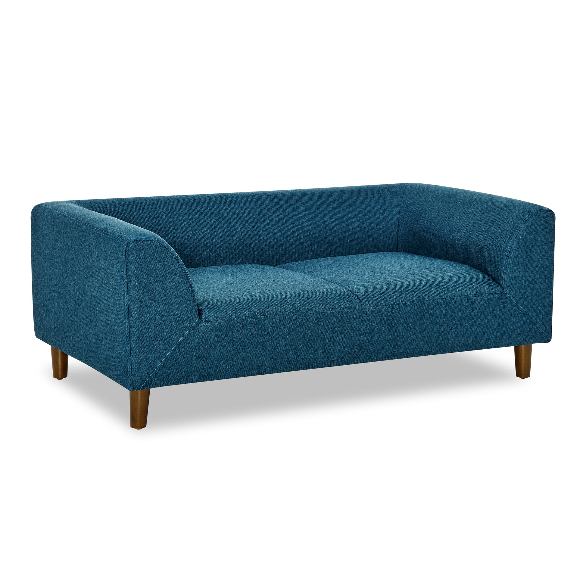 Teal blue upholstered twoseater sofa with wooden legs and modern design