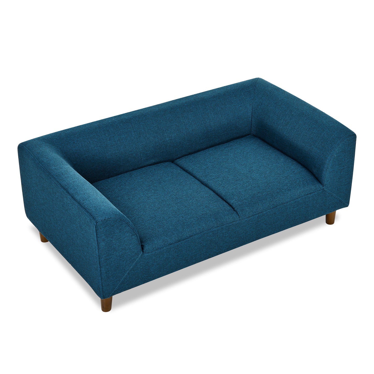 Modern teal blue fabric sofa with wooden legs perfect for small spaces