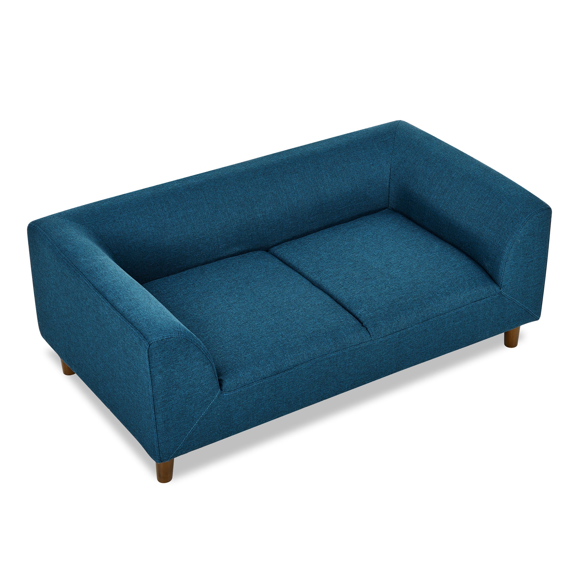 Modern teal blue fabric sofa with wooden legs perfect for small spaces