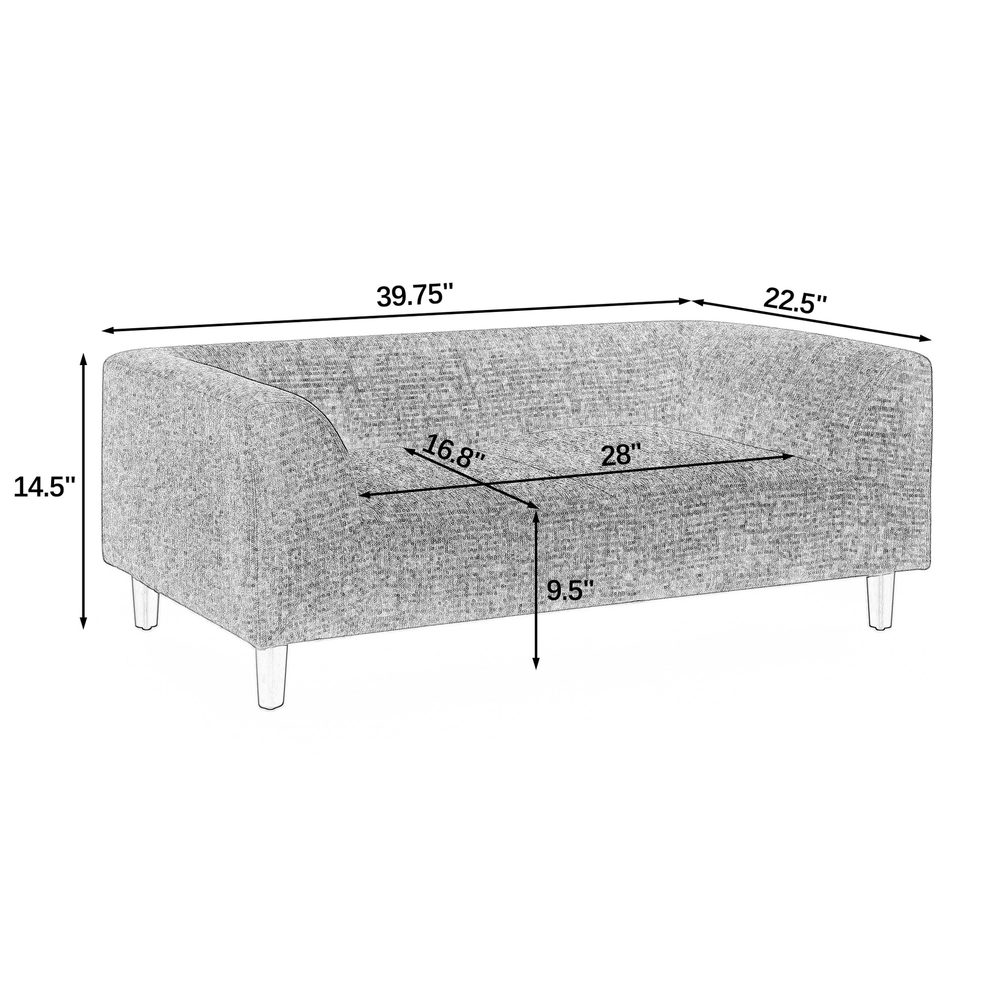 Sketch of a gray fabric loveseat with dimensions highlighted for sale