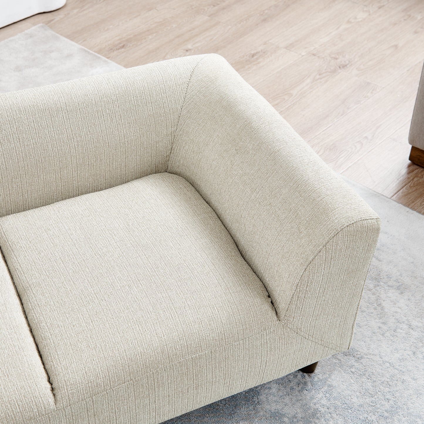 Textured light beige fabric couch armrest and seat cushion detail for modern living rooms