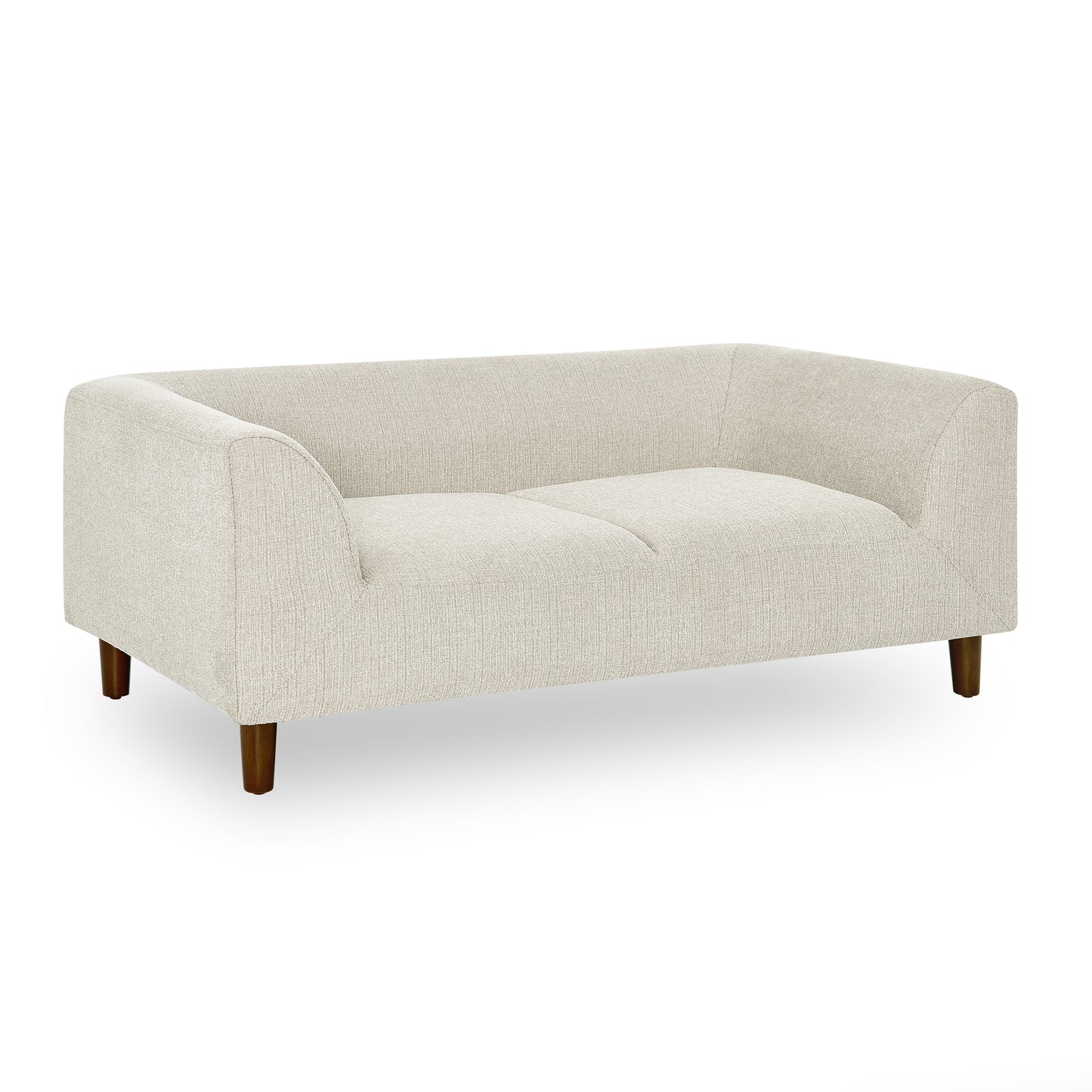 Cream textured fabric loveseat with sloped arms and dark wood legs
