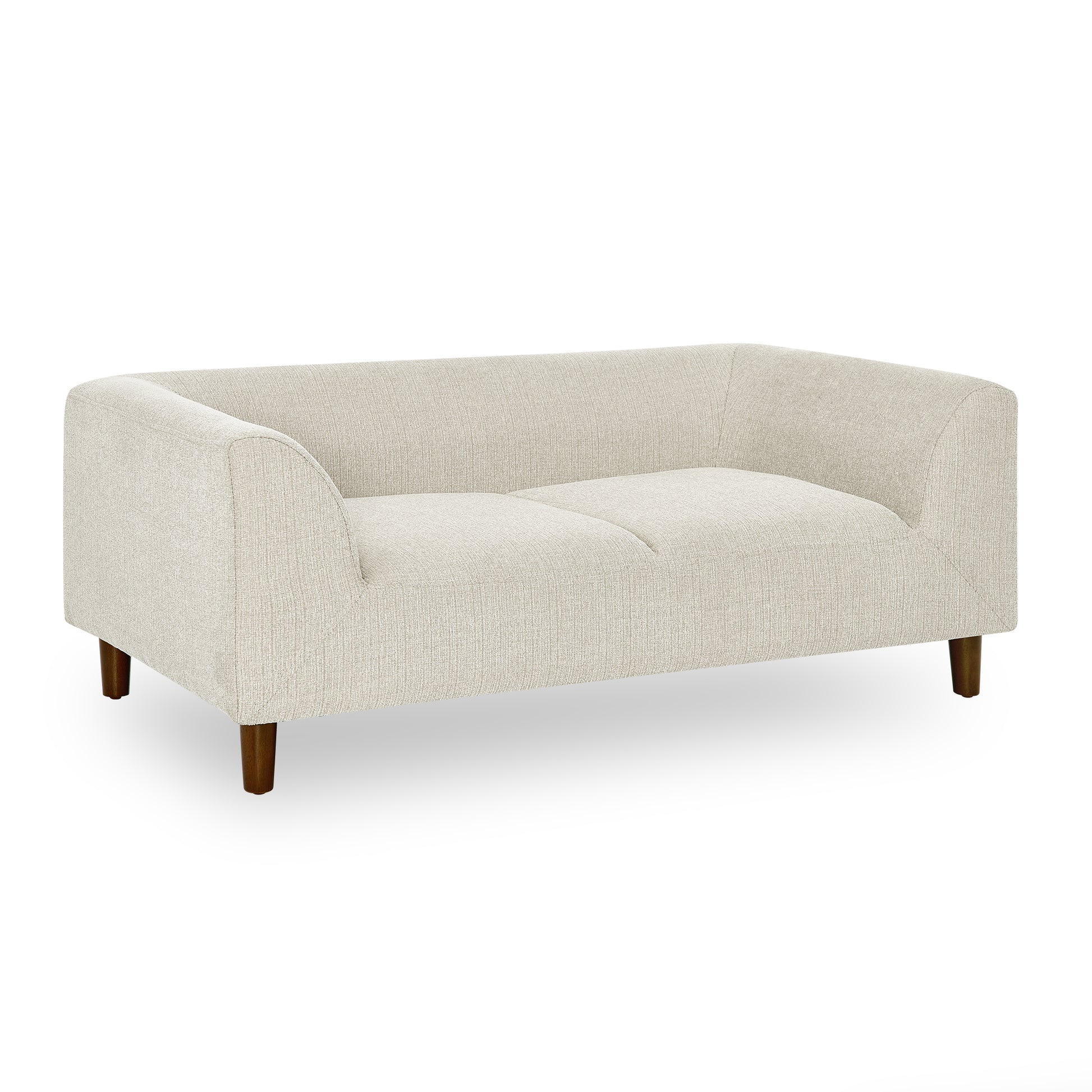 Cream textured fabric loveseat with sloped arms and dark wood legs