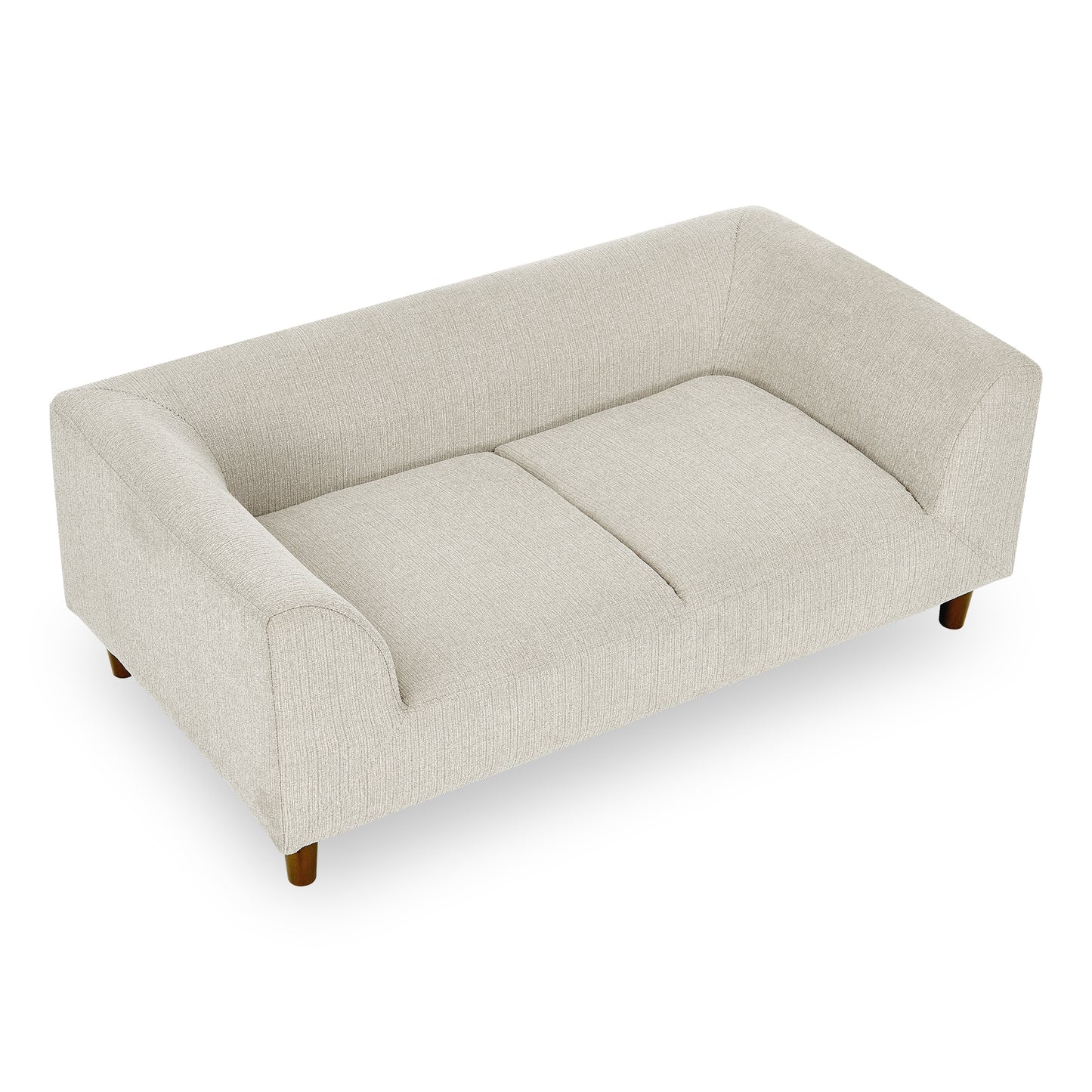 Modern beige fabric loveseat with tapered wooden legs perfect for small living spaces