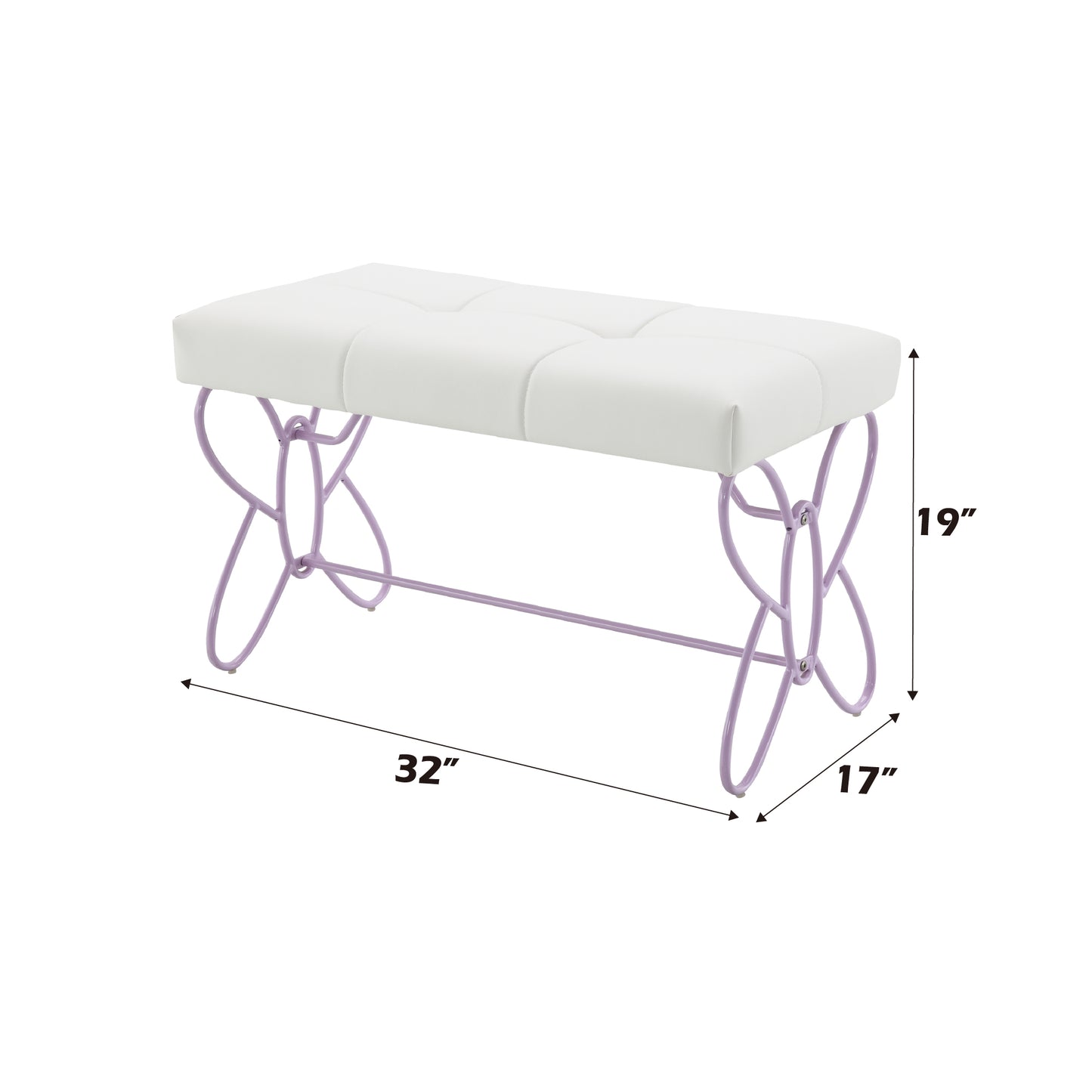 White upholstered bench with decorative purple butterfly legs