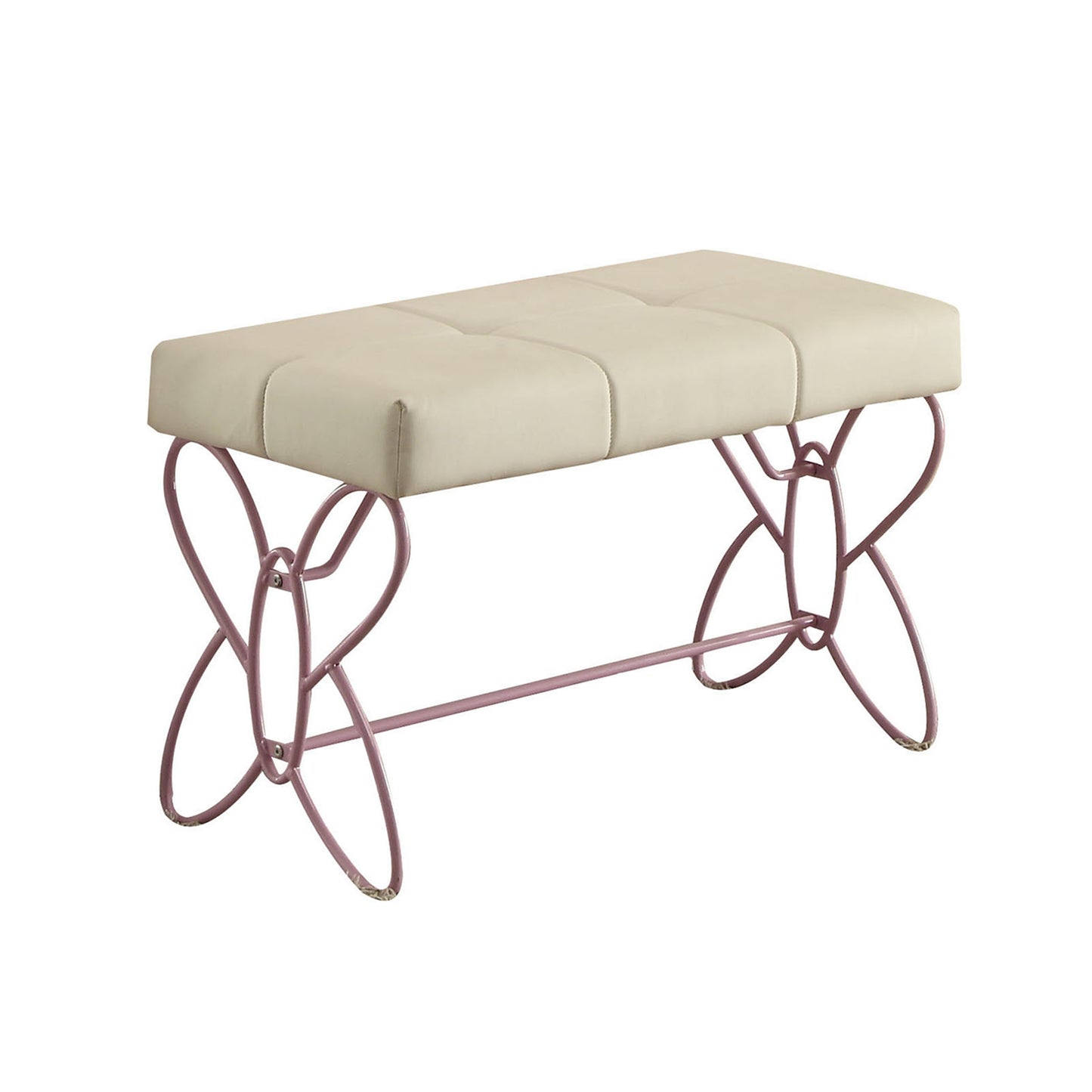 Cream upholstered bench with tufted seat and decorative pink metal legs