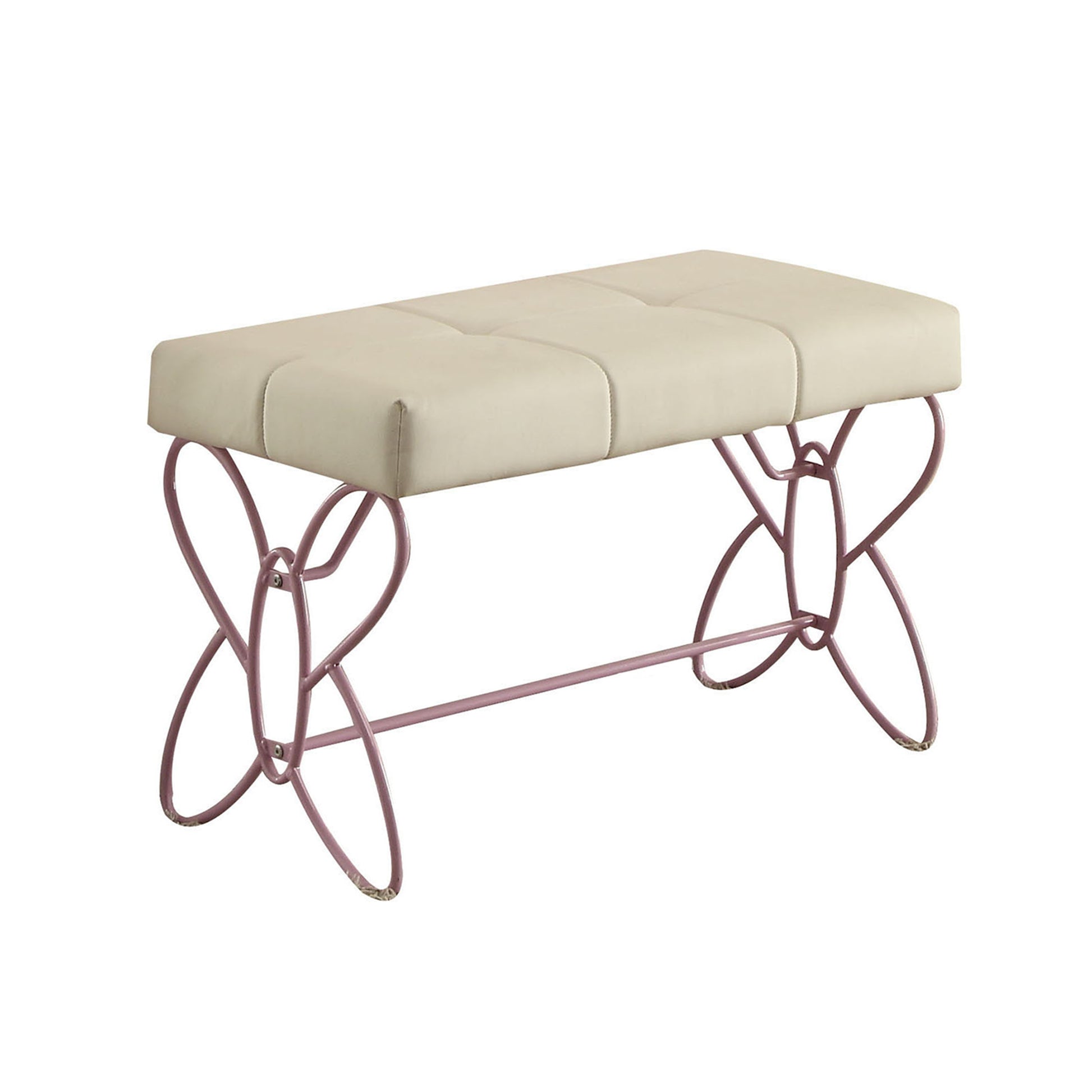 Cream upholstered bench with tufted seat and decorative pink metal legs