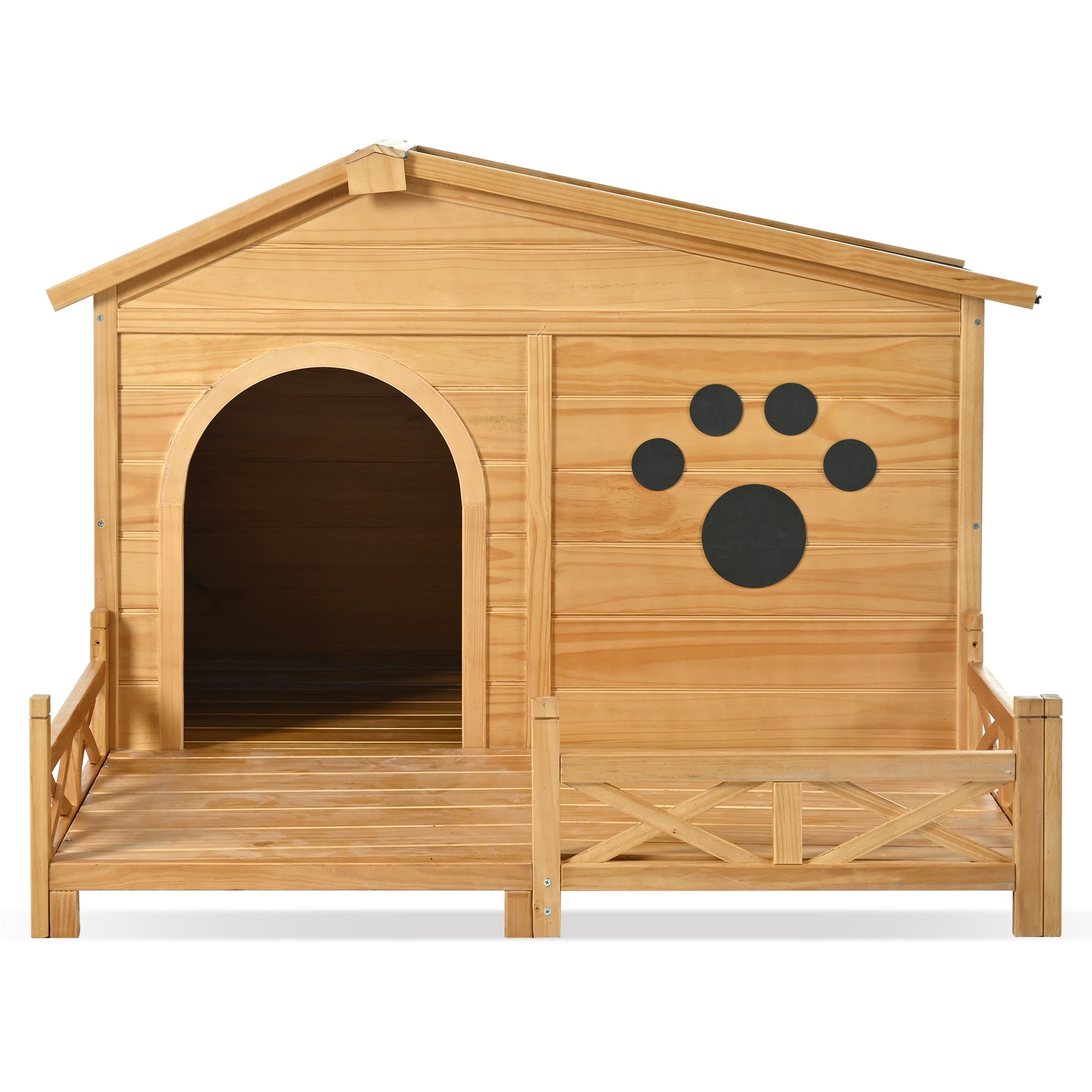 Wooden dog house with covered porch and paw print detail