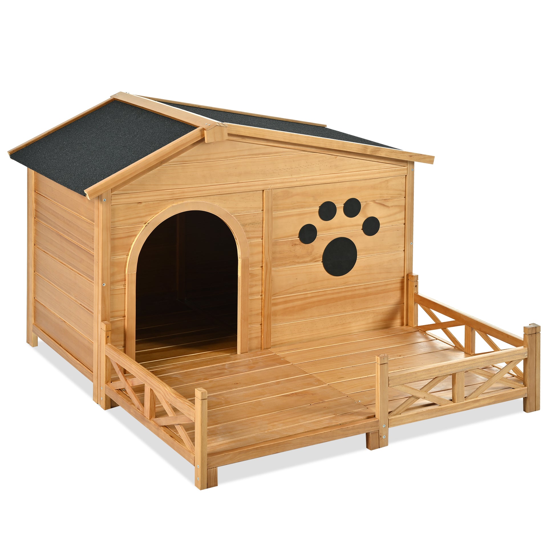 Wooden dog house with enclosed porch and paw print detail