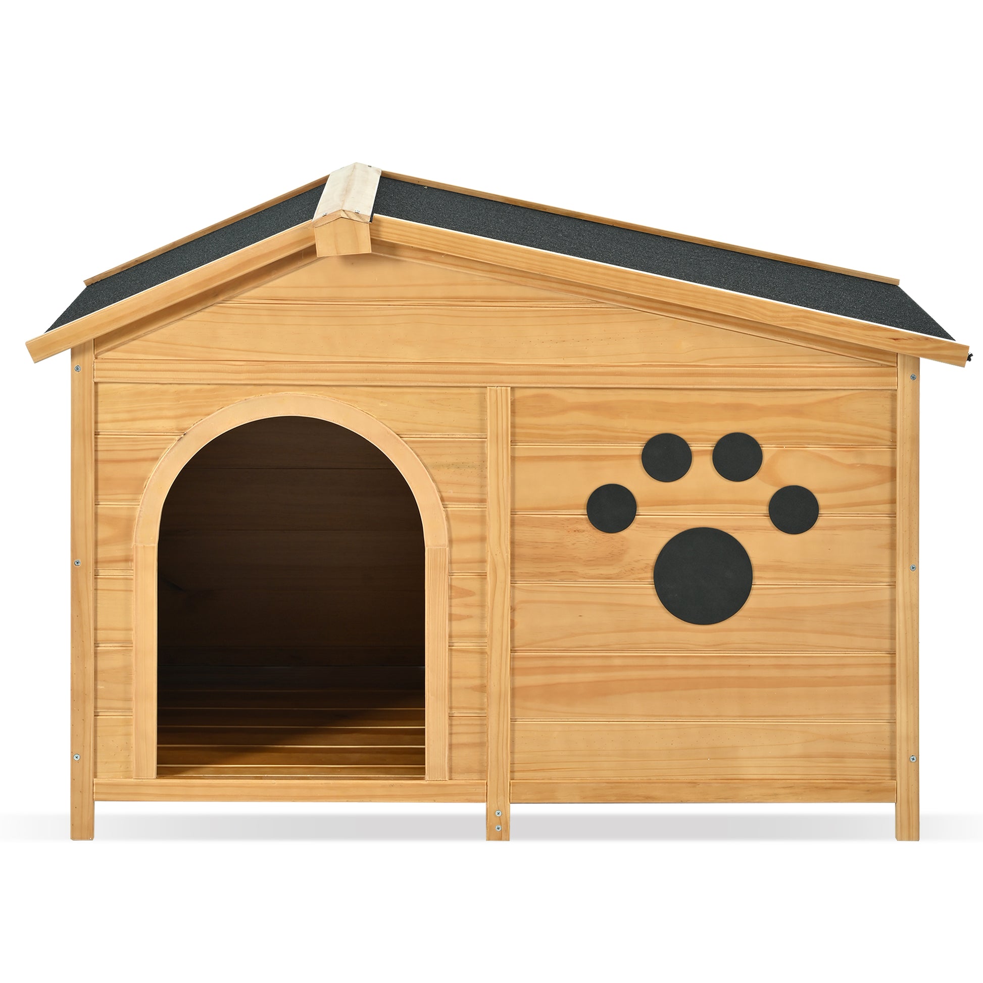 Wooden dog house with arched doorway and paw print decal
