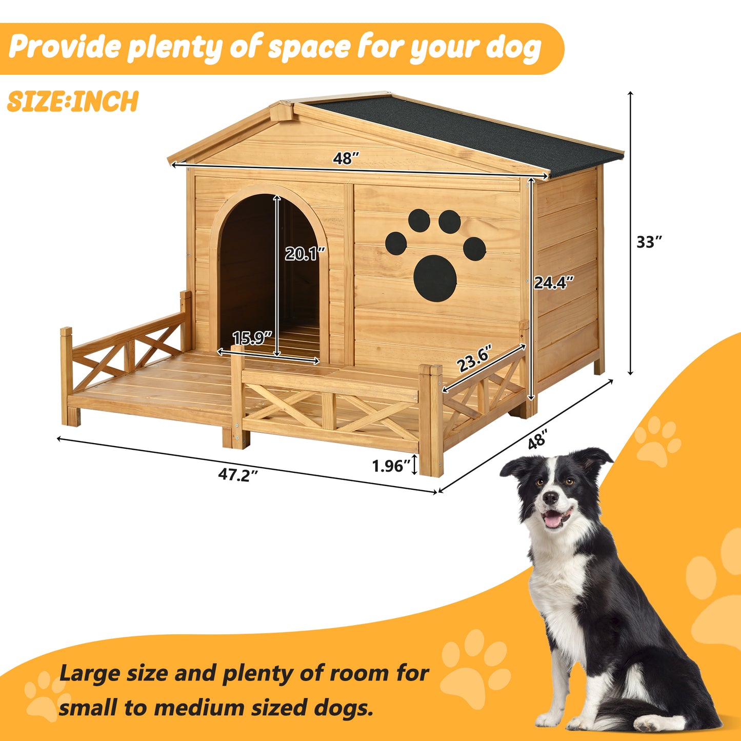 Wooden dog house with fenced porch and paw print detail dimensions shown for pet comfort