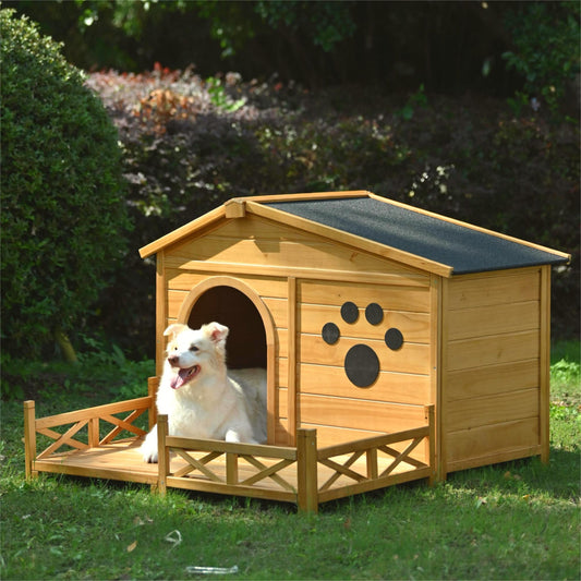 Wooden dog house with attached porch featuring a white dog inside