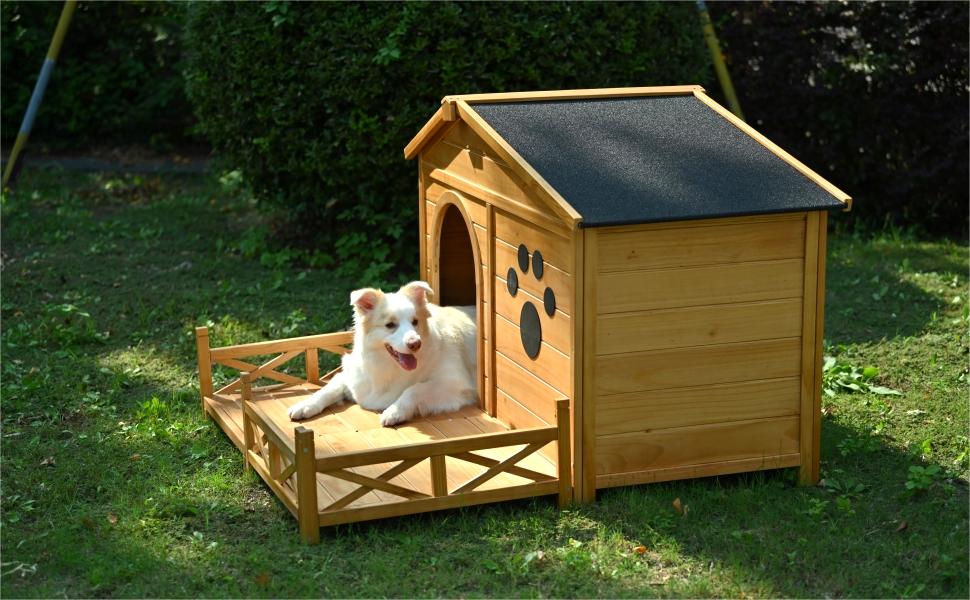 Wooden dog house with attached deck and paw print detail perfect for small pets