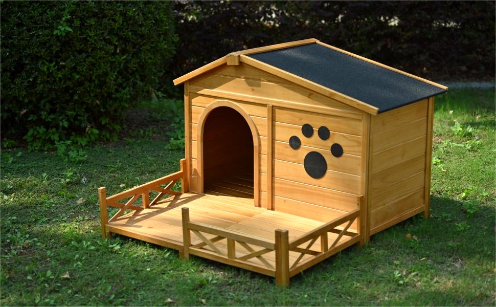 Wooden dog house with deck and paw print detail