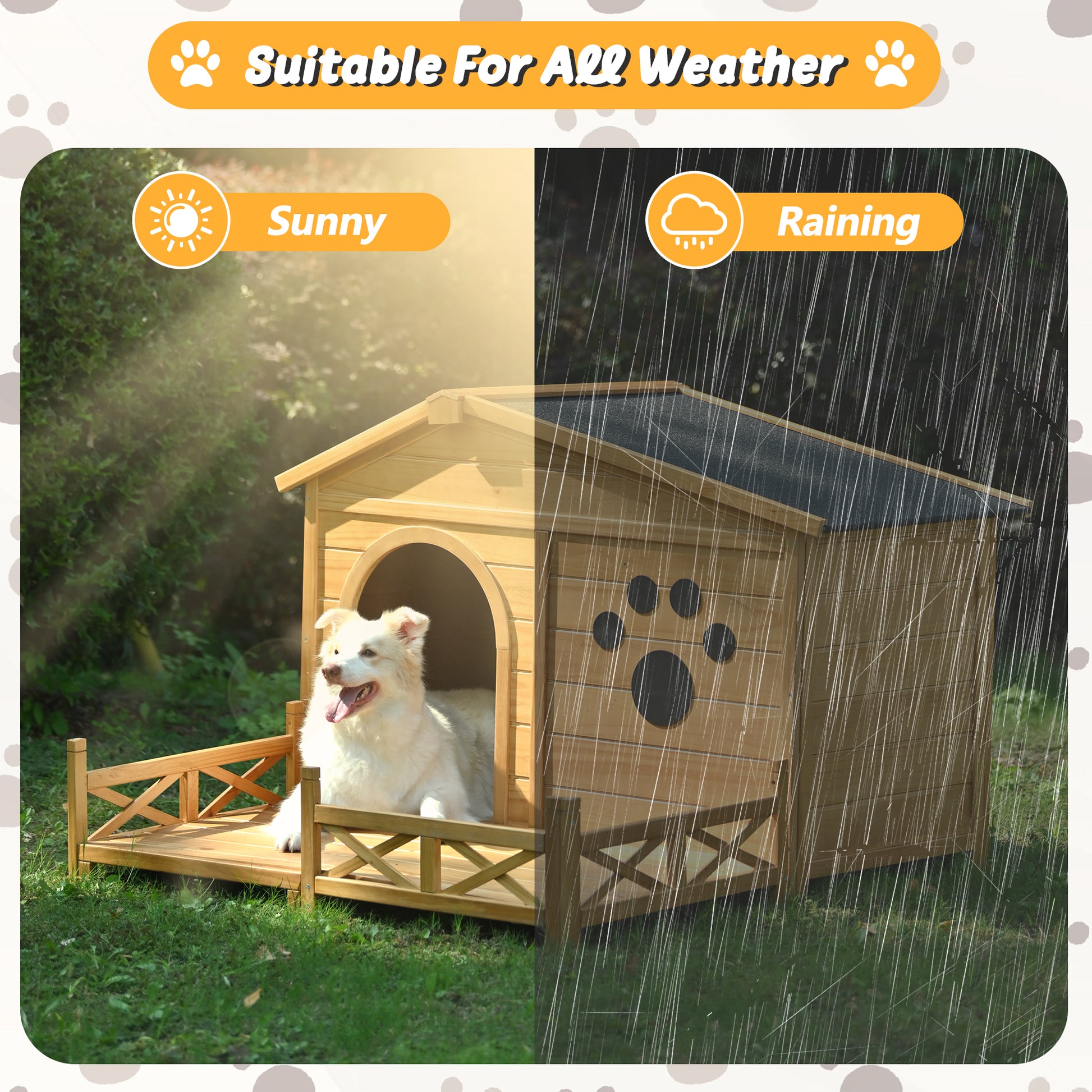 Wooden dog house with a fenced porch suitable for all weather conditions