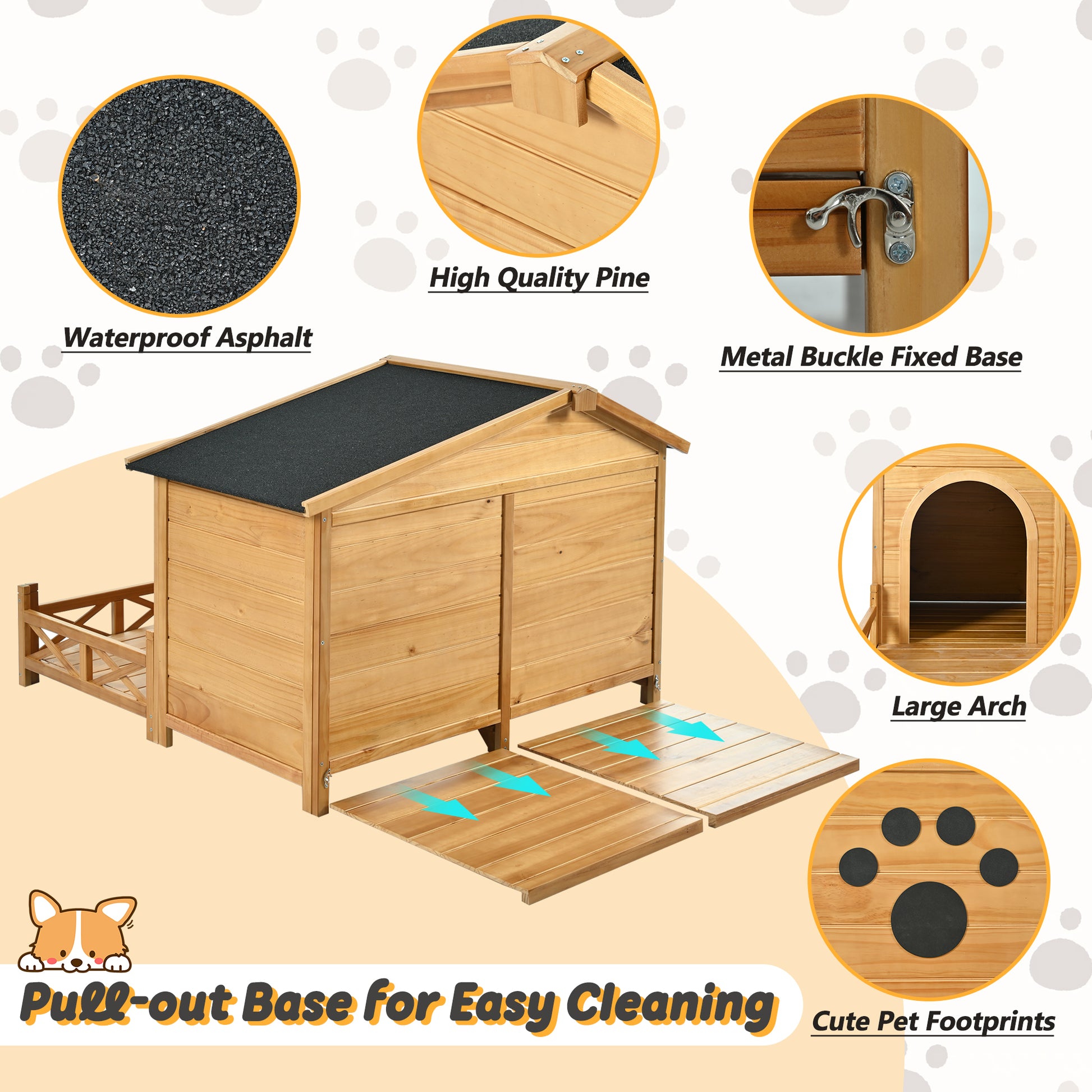 Wooden dog kennel with waterproof asphalt roof and pullout base for easy cleaning