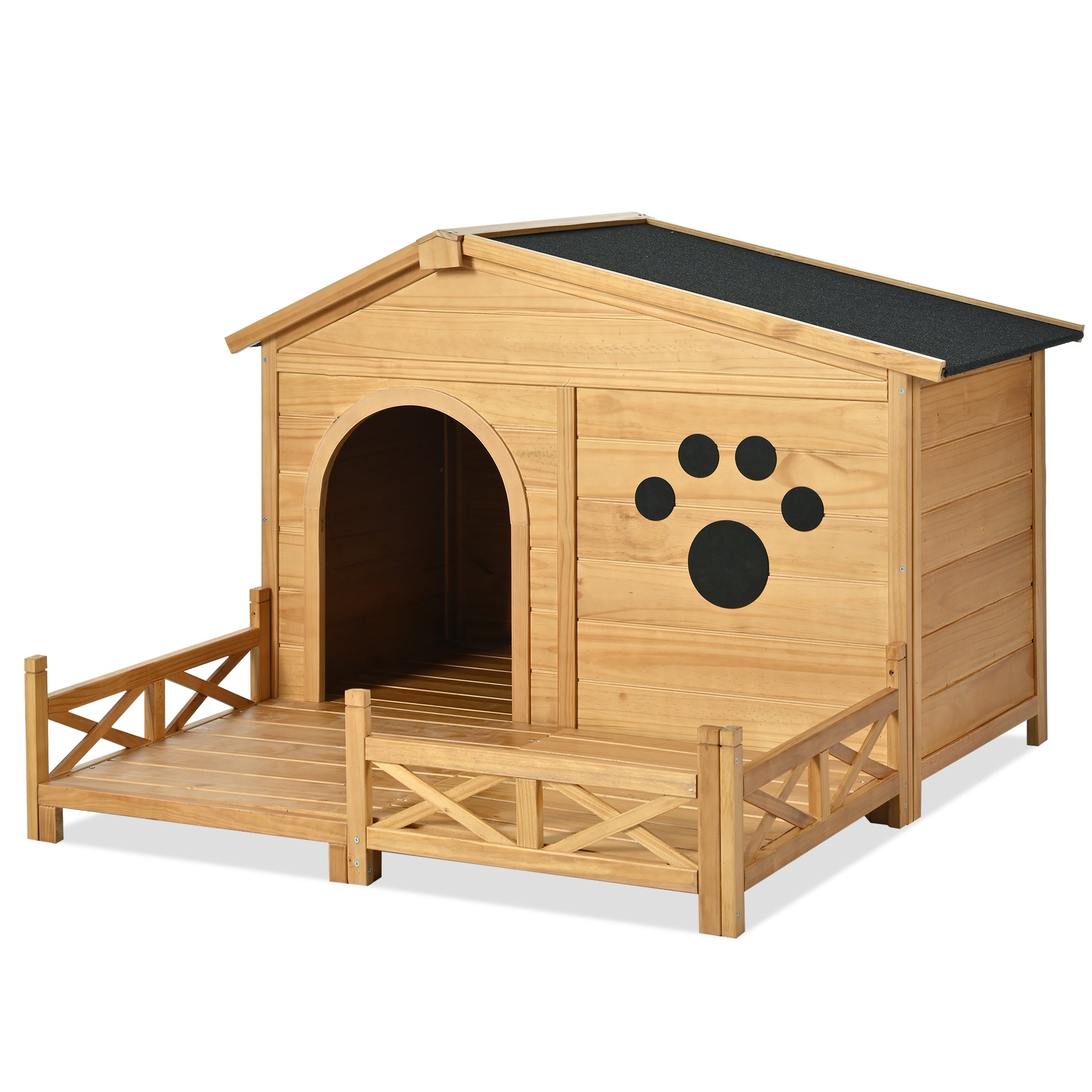 Natural wood dog house with porch and paw print design