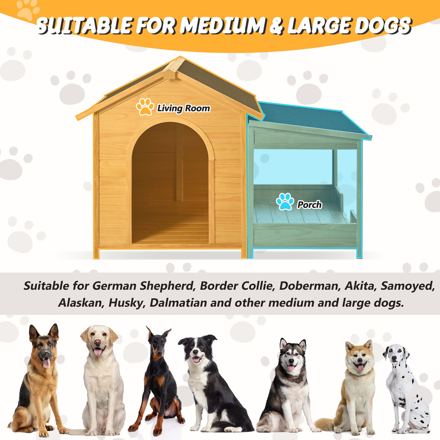 Wooden dog house with Living Room and Porch sections ideal for large dogs