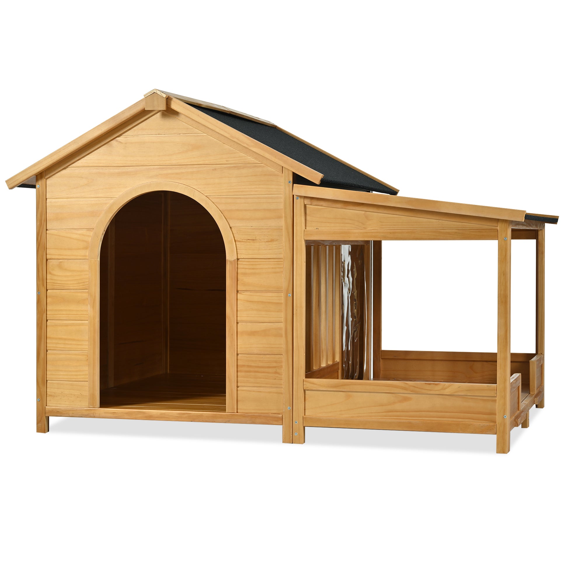 Natural wood dog house with enclosed sleeping area and attached porch