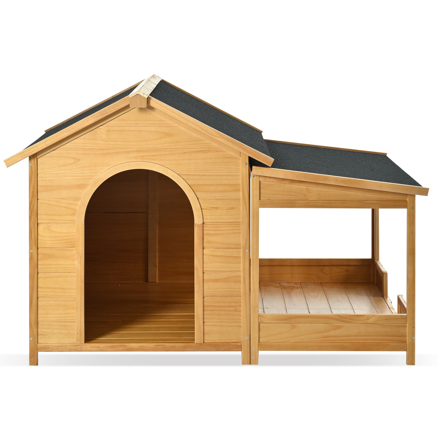 Wooden dog house with arched entryway and attached porch perfect for outdoor pets
