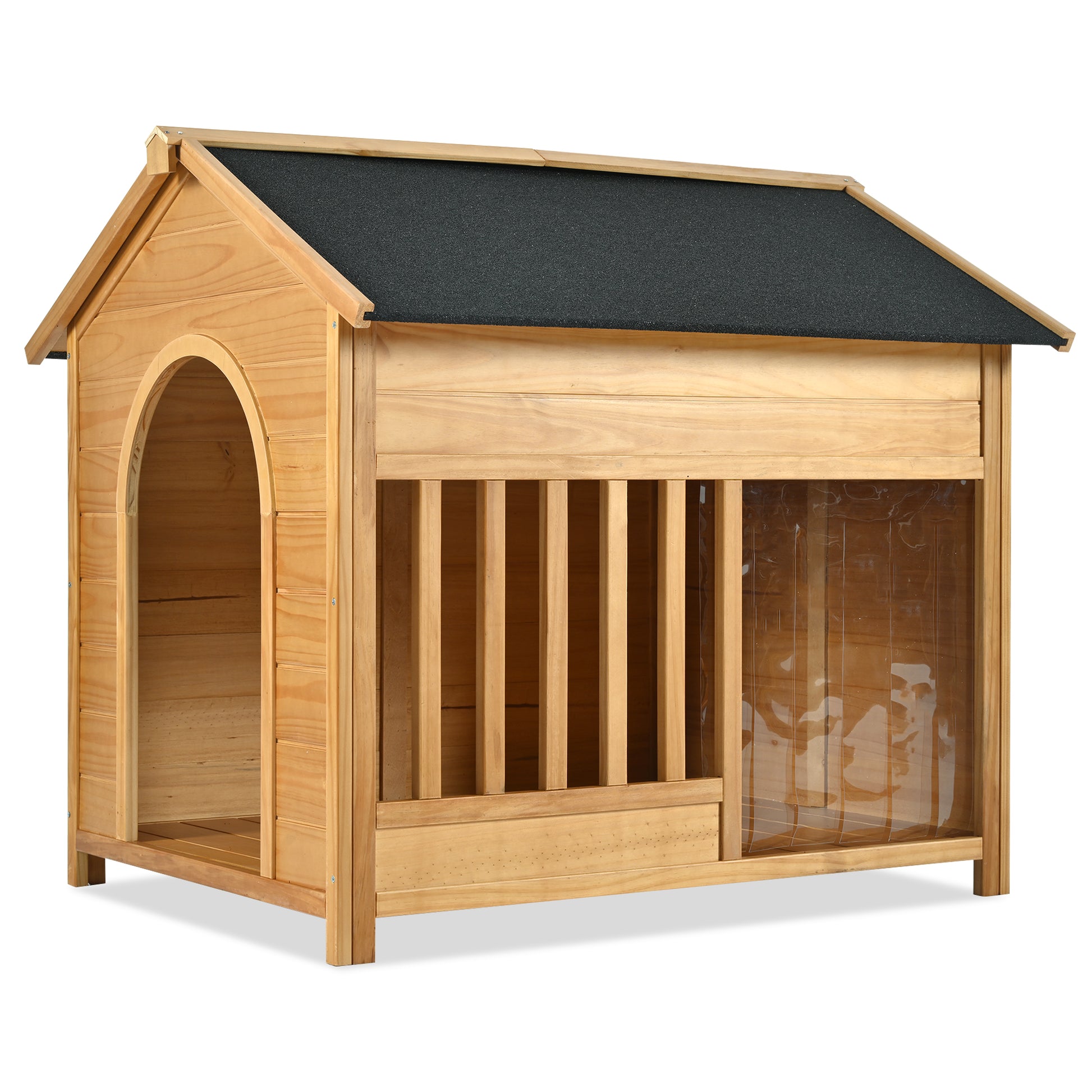 Natural wood dog house with arched entryway and clear vinyl flap for protection