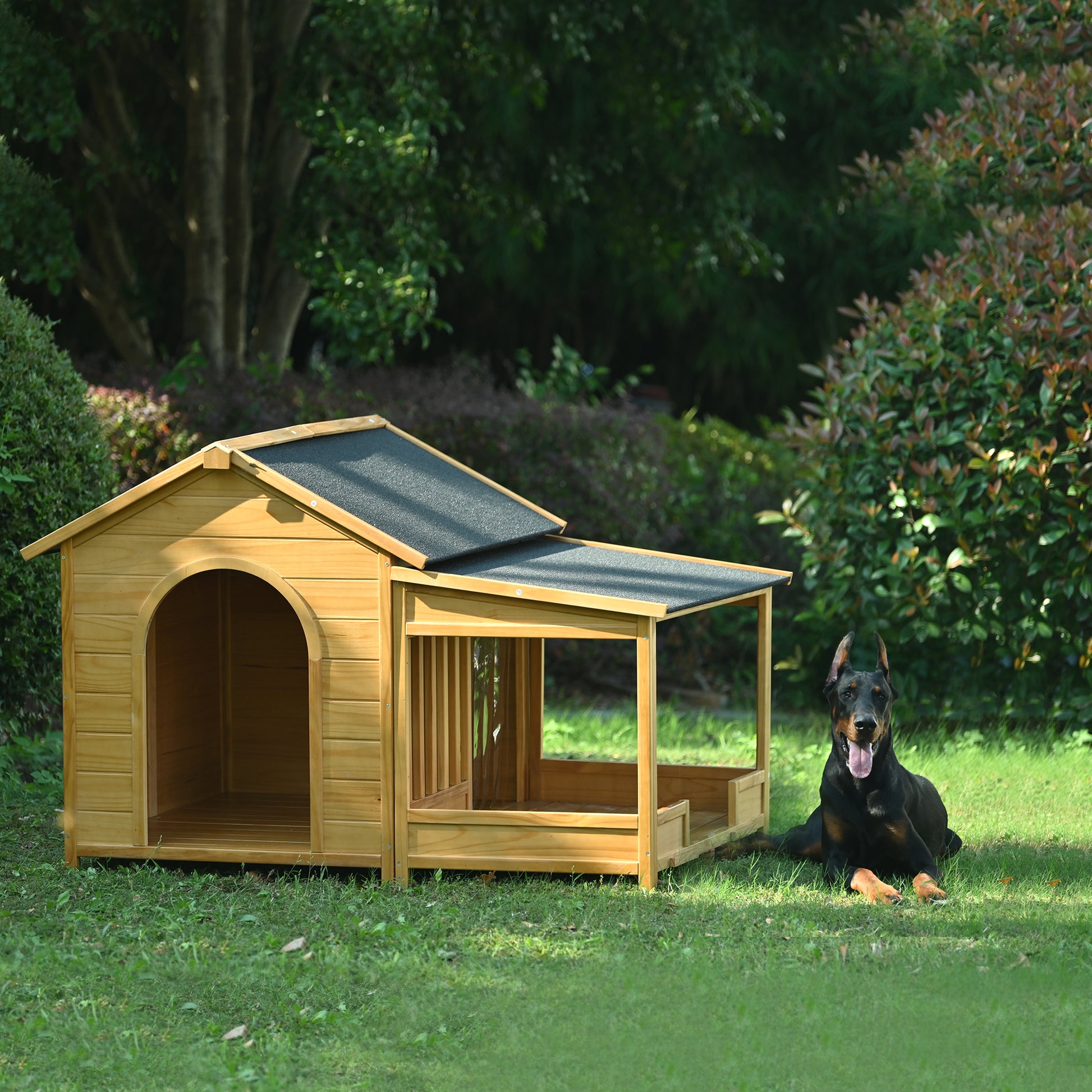 Wooden dog house with arched doorway and extended porch perfect for outdoor pets
