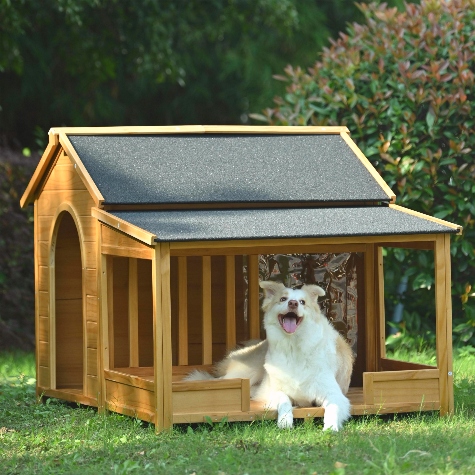 Wooden dog house with duallevel design and arched entryway perfect for outdoor pets