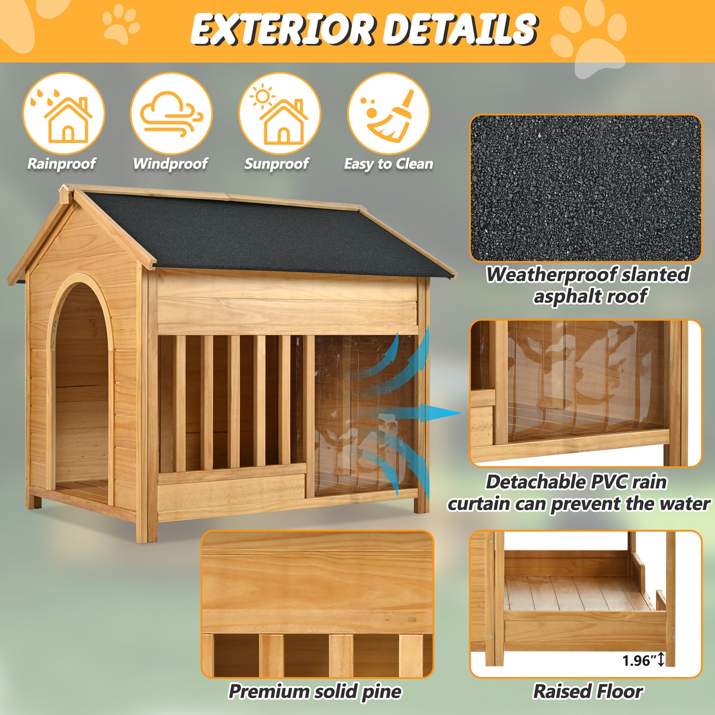 Wooden dog house with slanted asphalt roof and raised floor for outdoor use