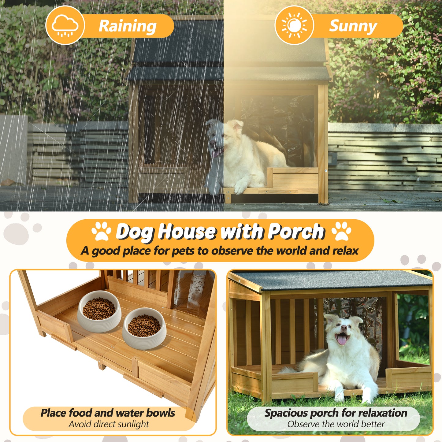 Wooden dog house with porch comfortable for dogs in sunny or rainy weather